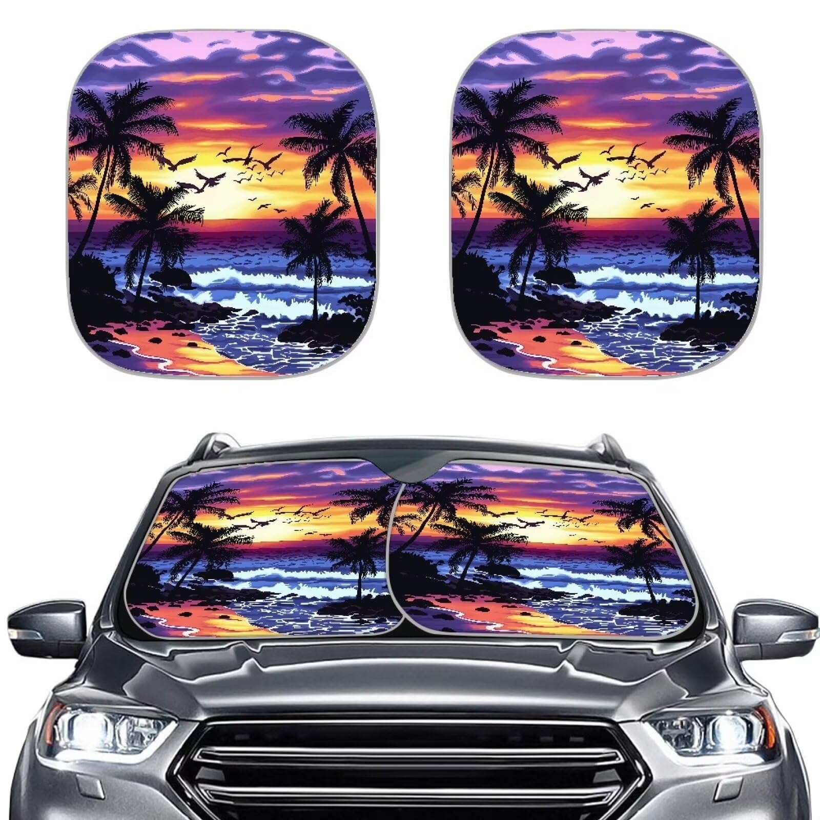 TOADDMOS Sommer Sonnenuntergang Auto Windschutzscheibe Abdeckung Pack von 2 Sea Beach Palms Auto Windschutzscheibe Abdeckung Passt Windschutzscheiben von verschiedenen Größen von TOADDMOS