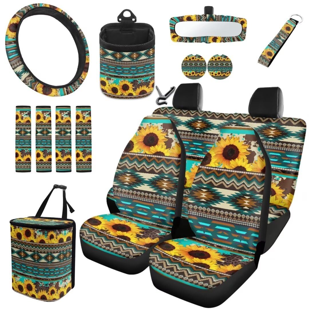 TOADDMOS Sonnenblume Auto Sitzbezüge Set von 15 Azteken Tribal Lenkradabdeckungen für Auto Gurt Pads Auto Müllbeutel Air Vent Aufhängungsstasche Anti-Rutsch Matte Untersetzer Auto Schlüsselanhänger von TOADDMOS