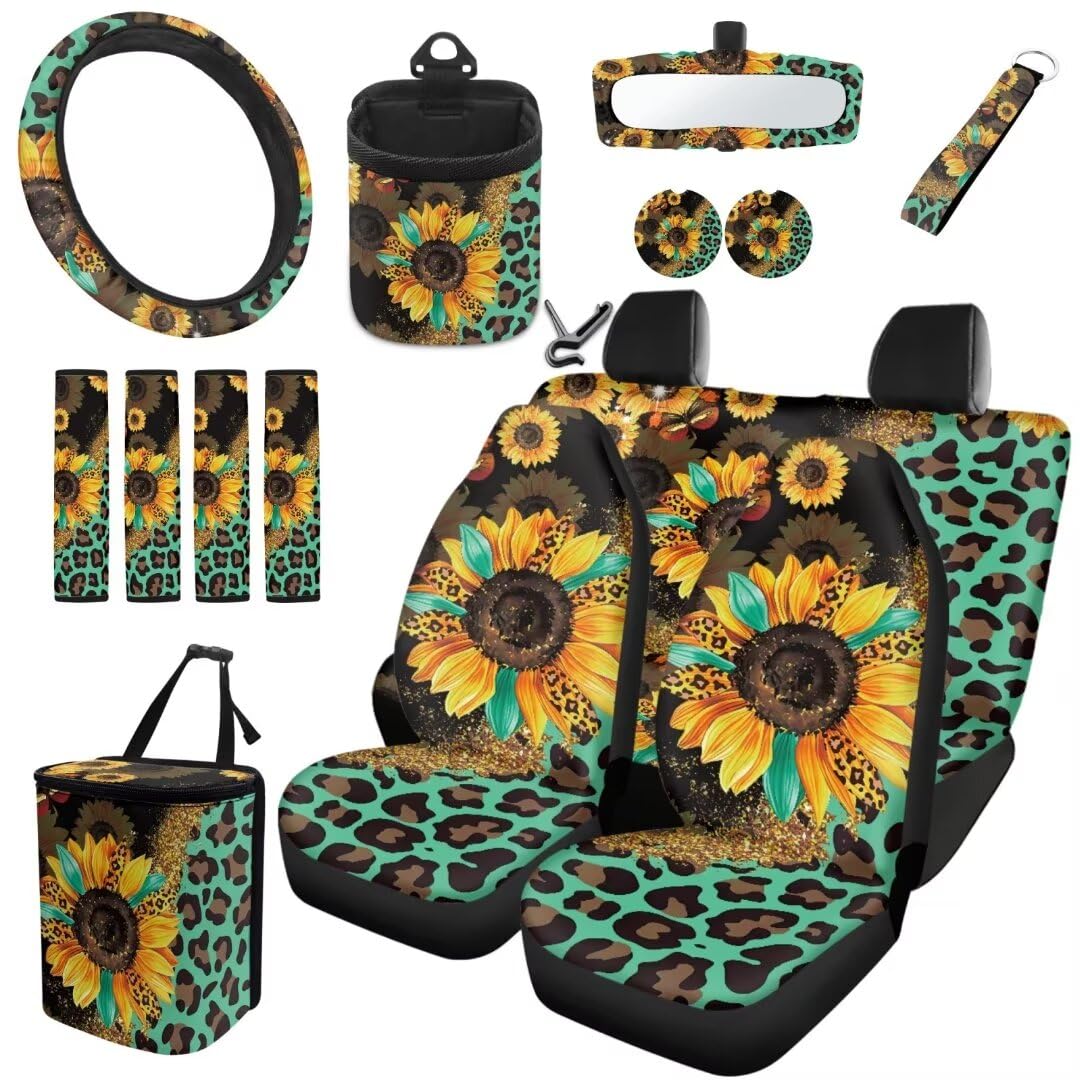 TOADDMOS Sonnenblume Deisgn Autositzbezüge Full Set Leopard Print Auto Lenkradabdeckung Sicherheitsgurt Kissen Pad Auto Cup Mat Schlüsselanhänger Universal Fit für die meisten Autos,15 Stück Set von TOADDMOS