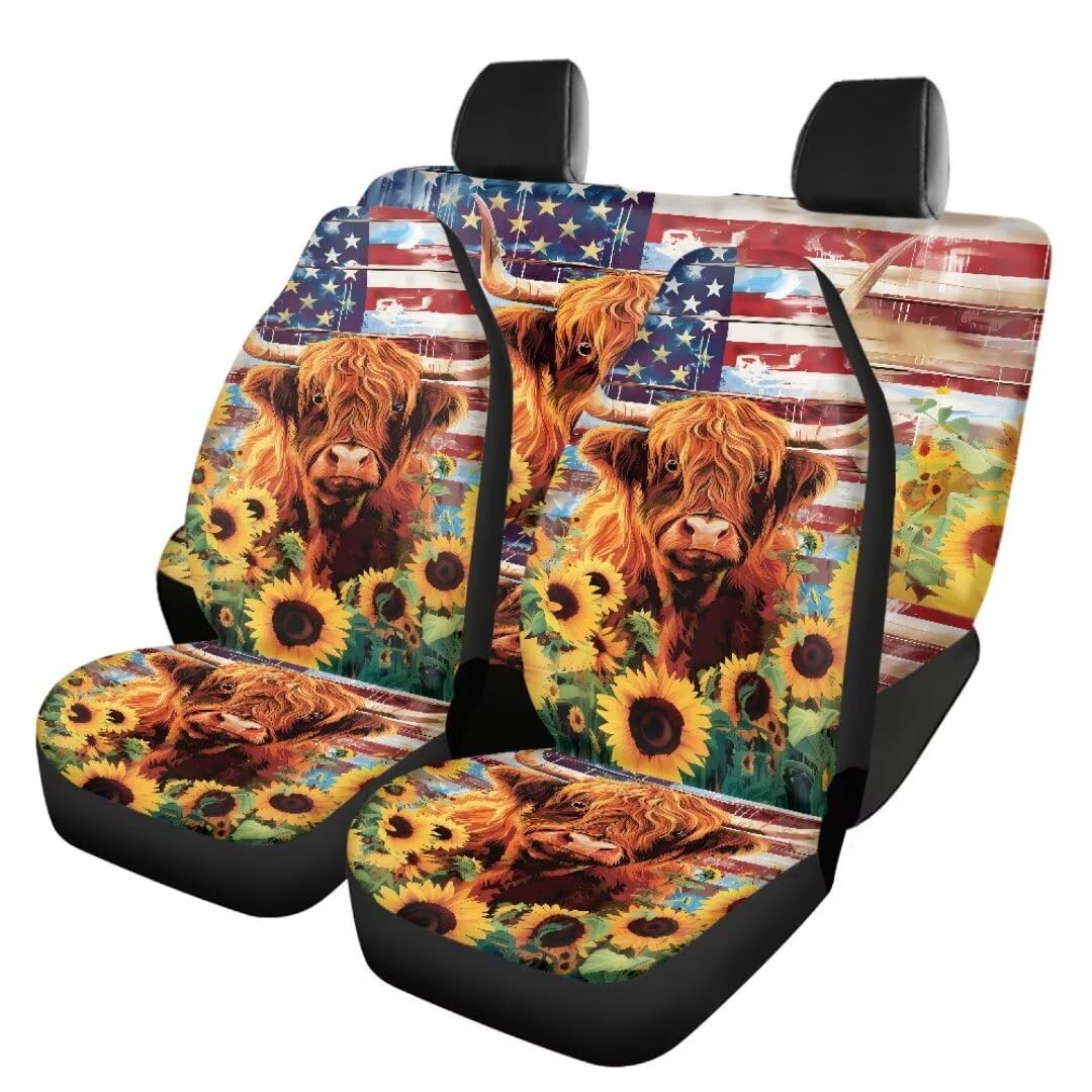 TOADDMOS Sonnenblume Highland Kuh Auto Sitzbezüge Set Amerikanische Flagge Front Set und hintere Split Bank Sitzbezüge Schmutzige Proof Satteldecke Sitzbezüge Fit Automotive, Pack von 4 von TOADDMOS