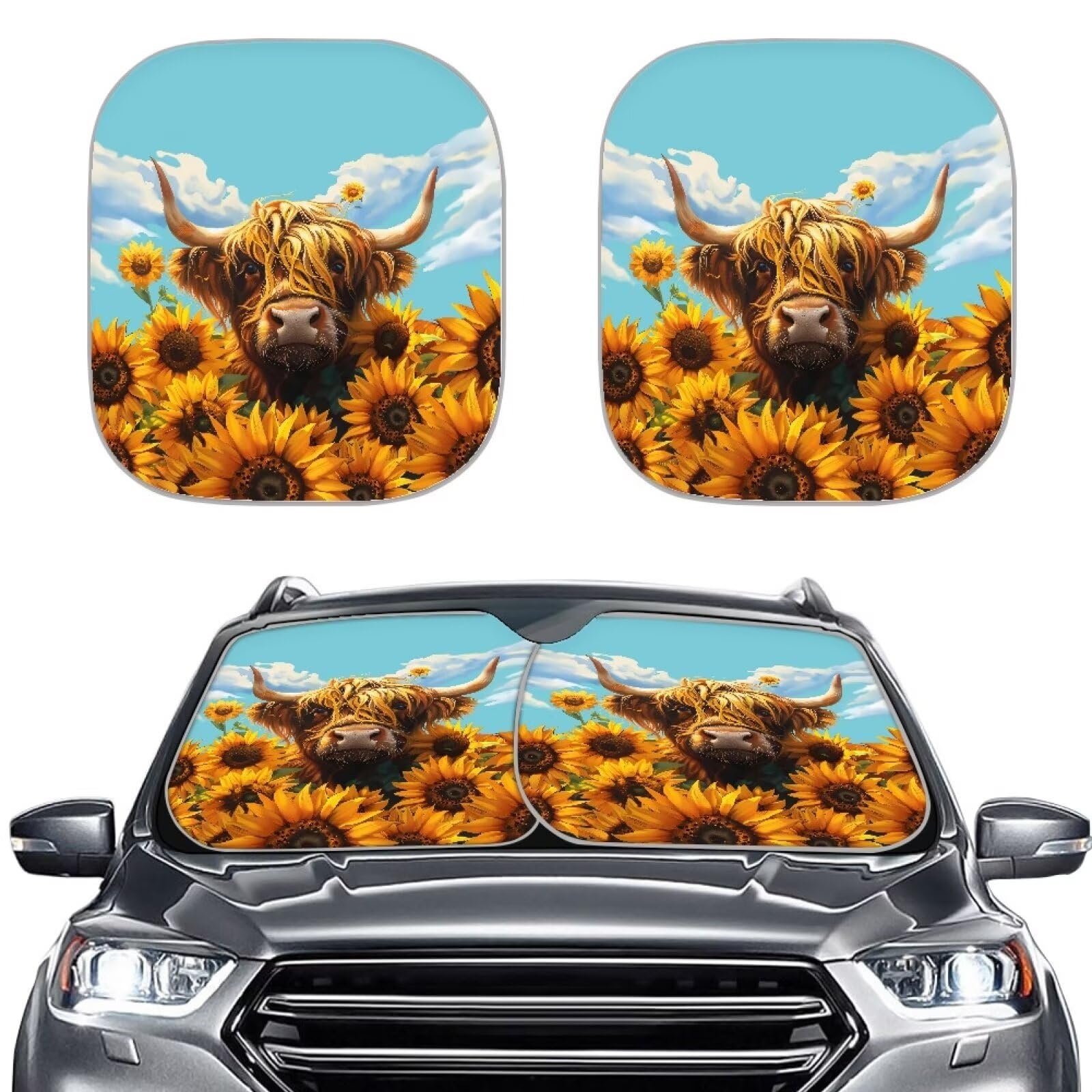 TOADDMOS Sonnenblume Highland Kuh Sonnenschutz für Auto Windschutzscheibe Auto Fenster Screen Pack von 2 Blocking Sonnenschutz Abdeckung für die meisten Fahrzeuge von TOADDMOS