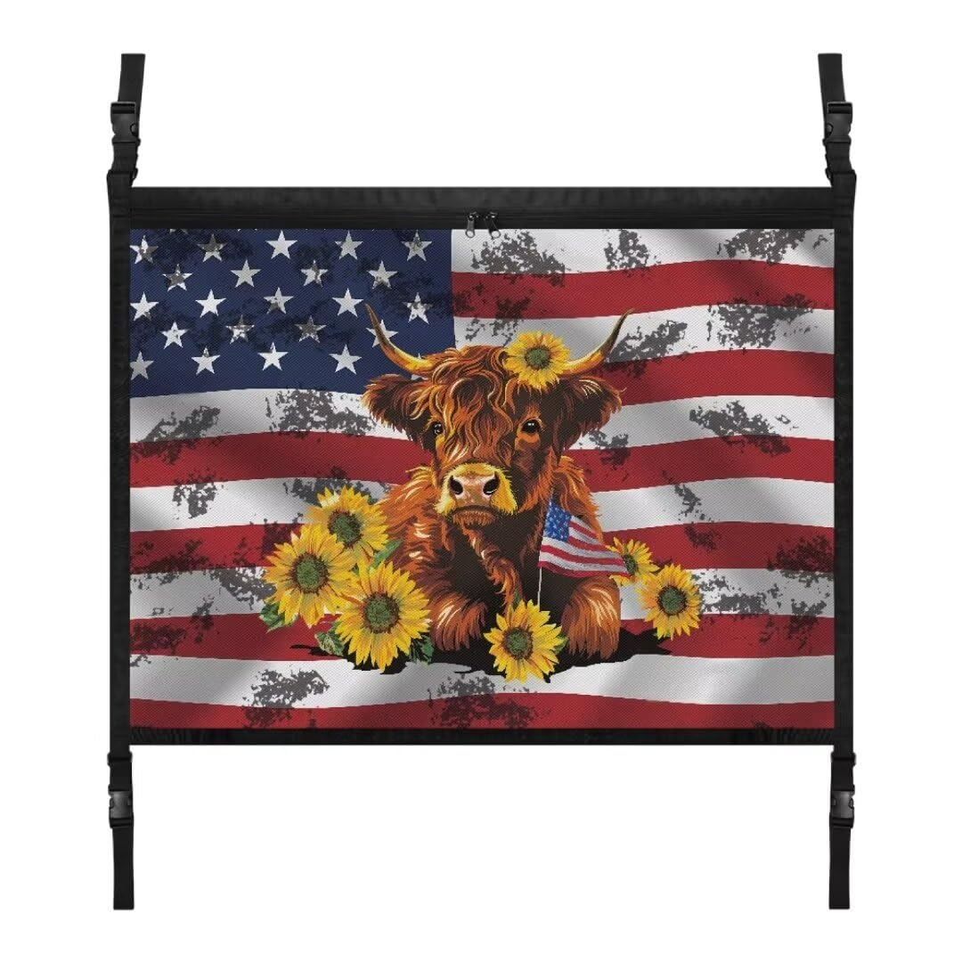 TOADDMOS Sonnenblume Hochland Kuh Auto Innenraum Dach Speicher Net 31.69"x24.02" Amerikanische Flagge Auto Net Organizer Auto Camping Lagerung, Lange Road Trip Essentials von TOADDMOS