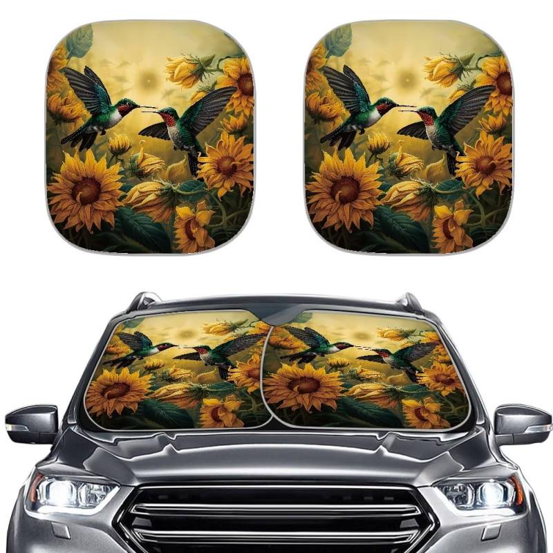 TOADDMOS Sonnenblume Kolibri Sonnenschutz für Auto Windschutzscheibe Auto Sonnenschutz Set von 2 Sonnenschutz Visier für Frauen Mädchen Auto SUV LKW hält UV-Strahlen fern von TOADDMOS