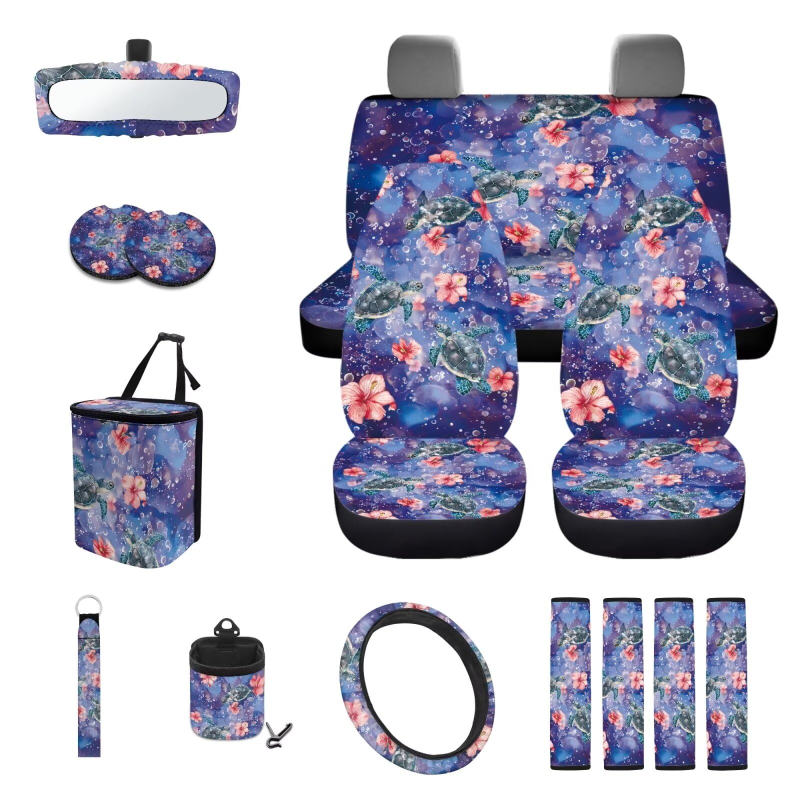 TOADDMOS Sonnenblume Leopard 15er Set Lenkradbezug Sicherheitsgurt Kissen Pad Mülleimer Halterung Sonnenbrillenhalter Rückspiegel Abdeckung Becherhalter Schlüsselanhänger Autozubehör von TOADDMOS