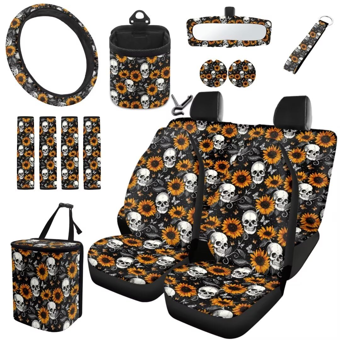 TOADDMOS Sonnenblume Schädel Autositzbezüge Full Set Polyester Sicherheitsgurt Gurt Pads Auto Lenkradabdeckung Air Vent Aufhängestasche Auto Untersetzer Armband Schlüsselanhänger, Satz 15 von TOADDMOS