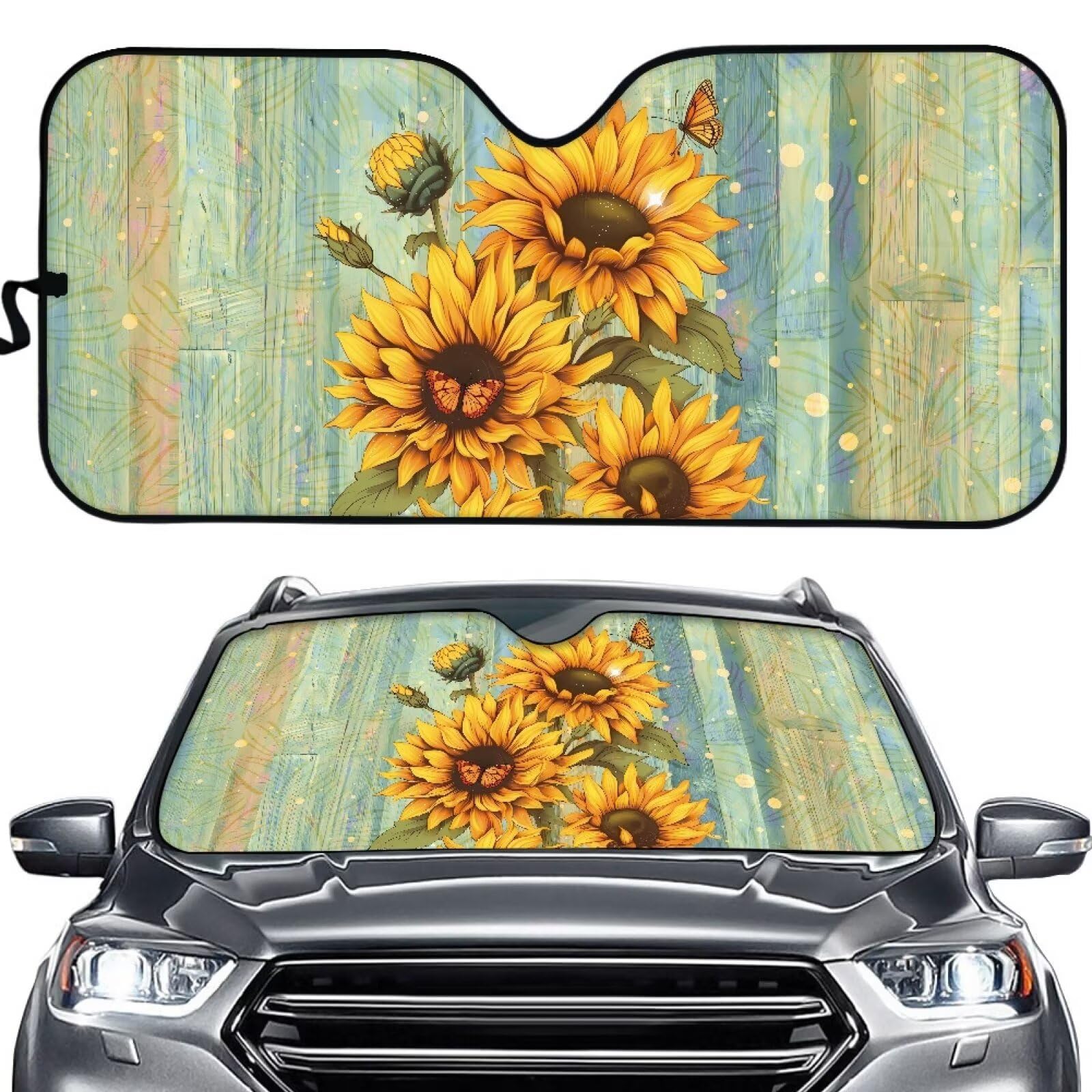 TOADDMOS Sonnenblume Shine Holz Sonnenschutz für Auto Frontfenster Universal Reflektierende Auto Displayschutz Blockiert UV-Strahlen und hält Ihr Fahrzeug kühl von TOADDMOS