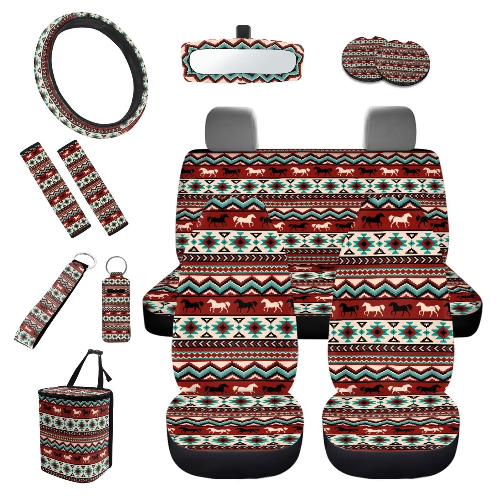 TOADDMOS Southwest Tribal Autozubehör, Sitzbezüge, komplettes Set, Sicherheitsgurt-Schulterpolster, Lenkradbezug, Lippenstifthalter, Schlüsselanhänger, Untersetzer, Rückspiegelabdeckung, Mülleimer, 13 von TOADDMOS