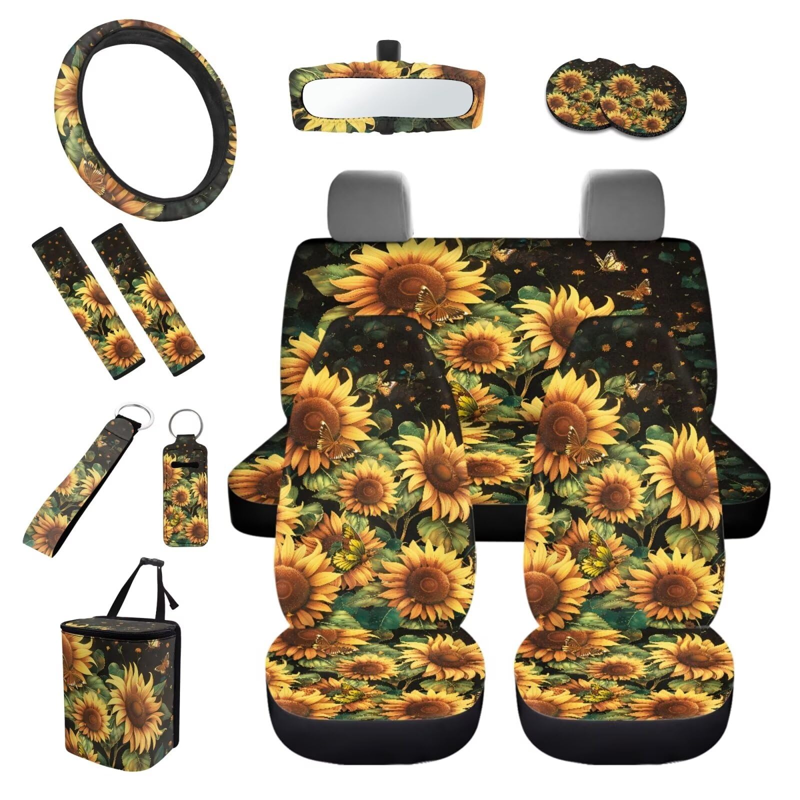 TOADDMOS Sunflower Autozubehör, komplettes Set für Damen, universelle Passform, 35,6 cm Lenkradbezug, Sicherheitsgurtpolster, Untersetzer, Schlüsselanhänger, Lippenstifthalter, von TOADDMOS