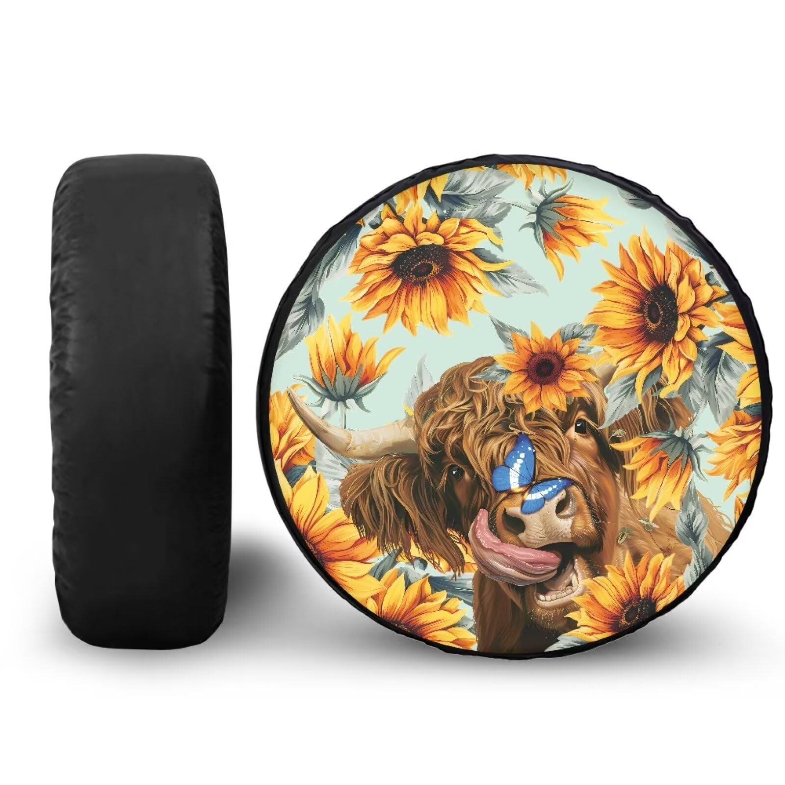 TOADDMOS Sunflower Highland Cow Ersatzreifenabdeckung, elastisch, wasserabweisend, Sonnenschutz für Anhänger, Wohnmobil, Geländewagen, Wohnmobil und LKW von TOADDMOS