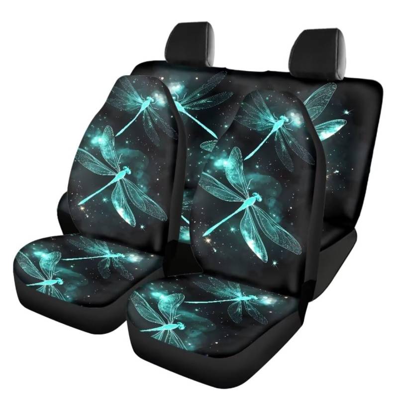 TOADDMOS Teal Dragonfly Automobil Fahrzeug Innenraum Abdeckungen Set von 4 Galaxy Space Front Bucket Seat Protectors und Back Car Seat Cover Fit für Frauen Nette Mädchen Limousinen, Autos, Vans von TOADDMOS