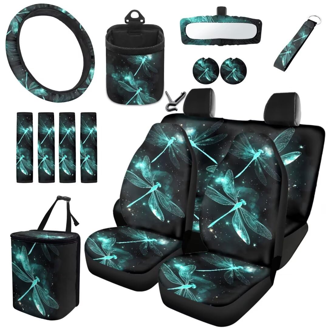 TOADDMOS Teal Dragonfly Universal Sitzbezüge für Autos Lenkrad Schutz Sicherheitsgurt Kissen Pad Hängen Mülleimer Air Vent Aufbewahrungstasche Anti-Rutsch Matte Untersetzer Schlüsselanhänger,15 Pcs von TOADDMOS