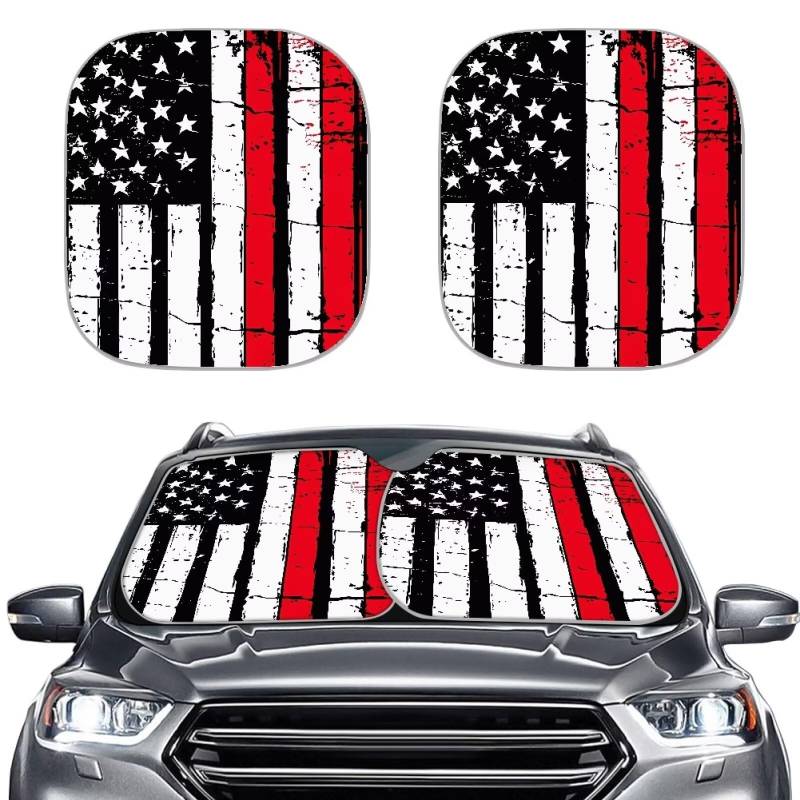 TOADDMOS Universal Auto Sonnenschutz Schwarze amerikanische Flagge mit roten Streifen Klappscheibe Sonnenschutz blockierende Sonnenschutz Abdeckung, 2 Stück Set von TOADDMOS