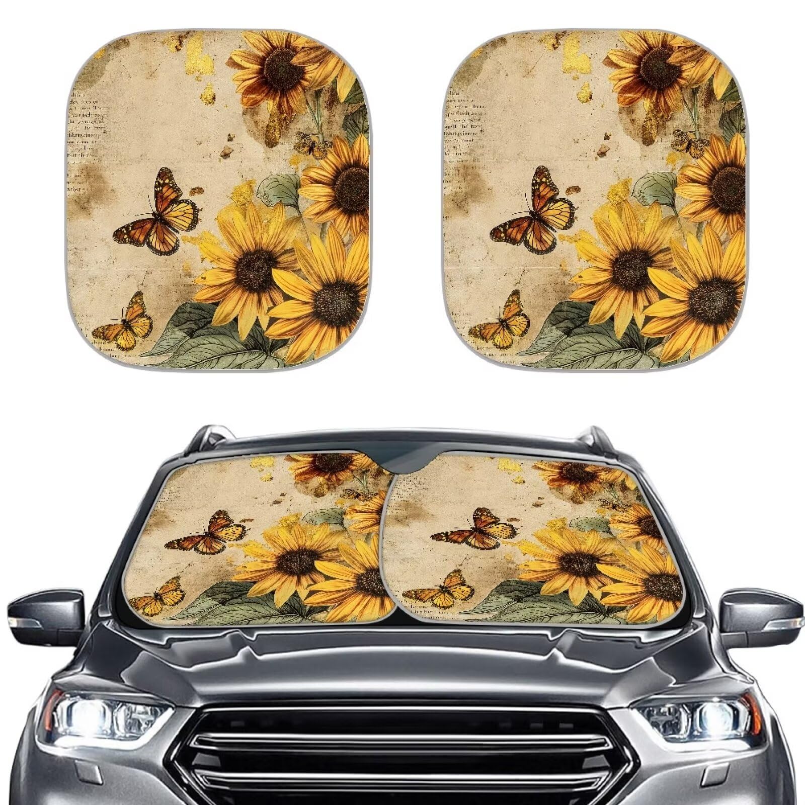 TOADDMOS Vintage Sonnenblumen Schmetterling Auto Schatten für Frontfenster Auto Sonnenschutz für UV-Strahlen und Sonne Wärmeschutz von TOADDMOS