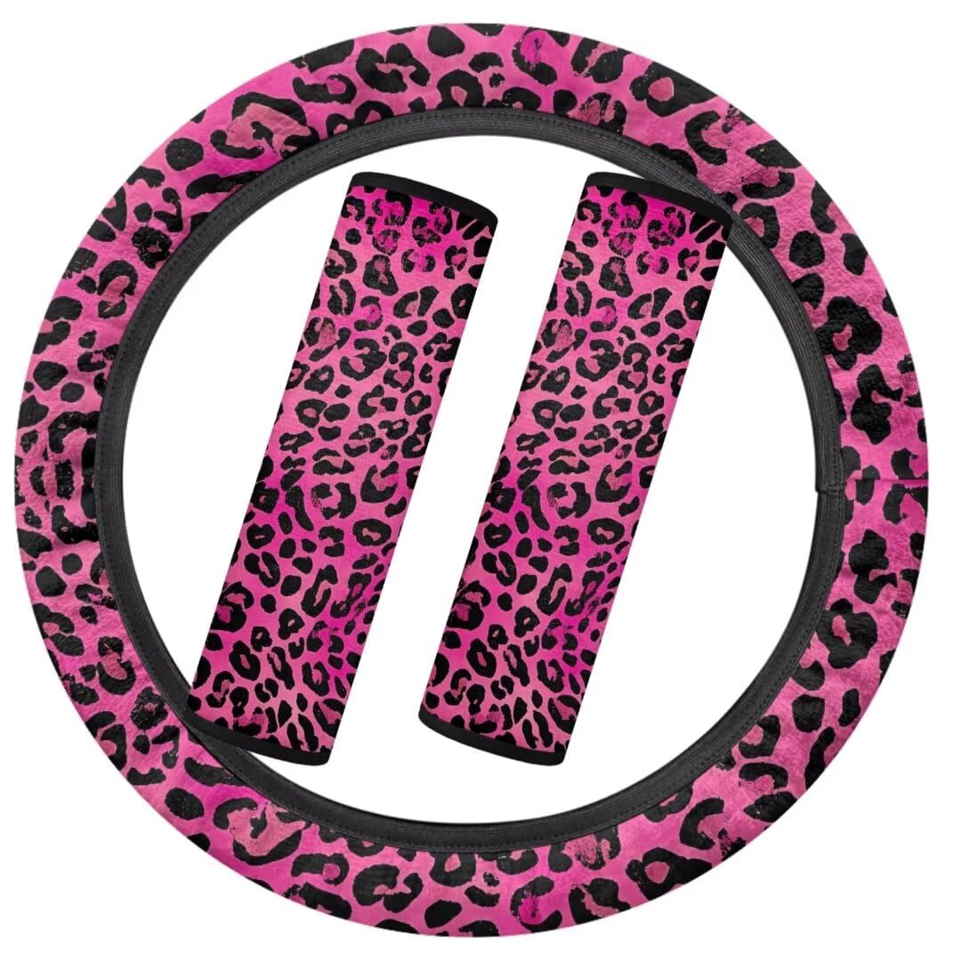 TOADDMOS Warm Auto Zubehör Frauen Rosa Leopard Print Lenkradabdeckung+Sicherheitsgurt Abdeckung Pad rutschfest Warm Cozy Lenkrad Wrap von TOADDMOS