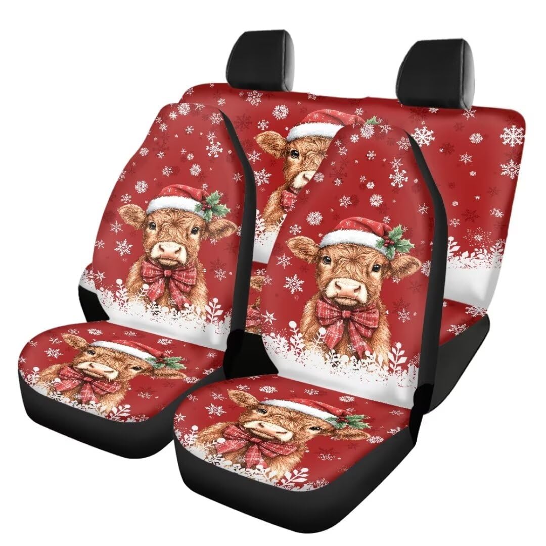 TOADDMOS Weihnachten Highland Kuh Front und Rear Autositzbezug 4pcs Full Set Front&Rear Sitzbezug Dekorative Premium Polyester Sitzbezüge Universal Fit Innenbezüge für die meisten Autos von TOADDMOS