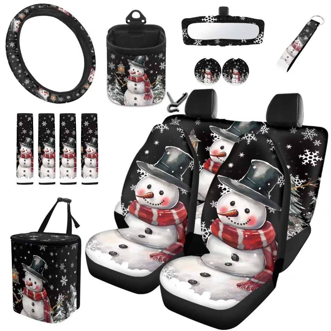 TOADDMOS Weihnachten Schneemann Auto Sitzbezüge Voller Satz von 15 Auto Lenkrad Zubehör Gürtel Pads Hängen Mülleimer Air Vent Bag Auto Cup Halter Untersetzer Handgelenk Lanyard für Autoschlüssel von TOADDMOS