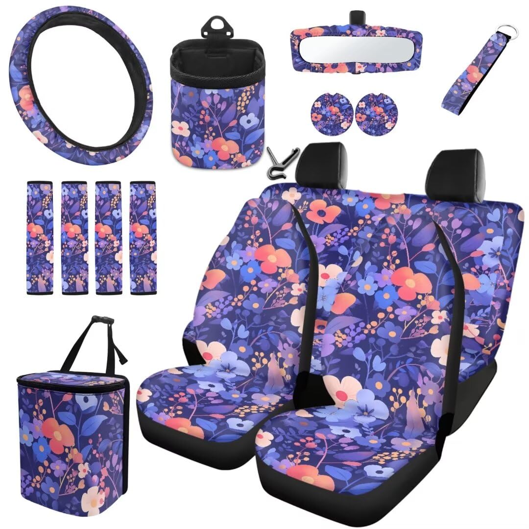 TOADDMOS Wild Floral Auto Sitzbezüge Set Blumen Lenkrad Schutz Sicherheitsgurt Pads Auto Mülleimer Air Vent Bag Auto Untersetzer Handgelenk Schlüsselanhänger, Satz 15 von TOADDMOS