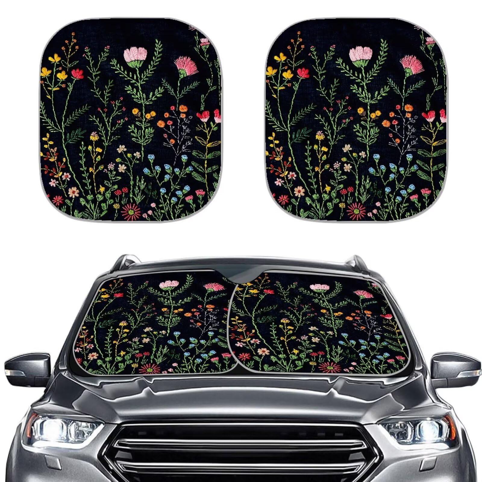 TOADDMOS Wild Floral Flowers Automotive Windschutzscheibe Abdeckung Set von 2 Sonnenschirm Visier Falten Frontfenster Sonnenschutz Abdeckung, um schädliche UV Strahlen zu blockieren von TOADDMOS