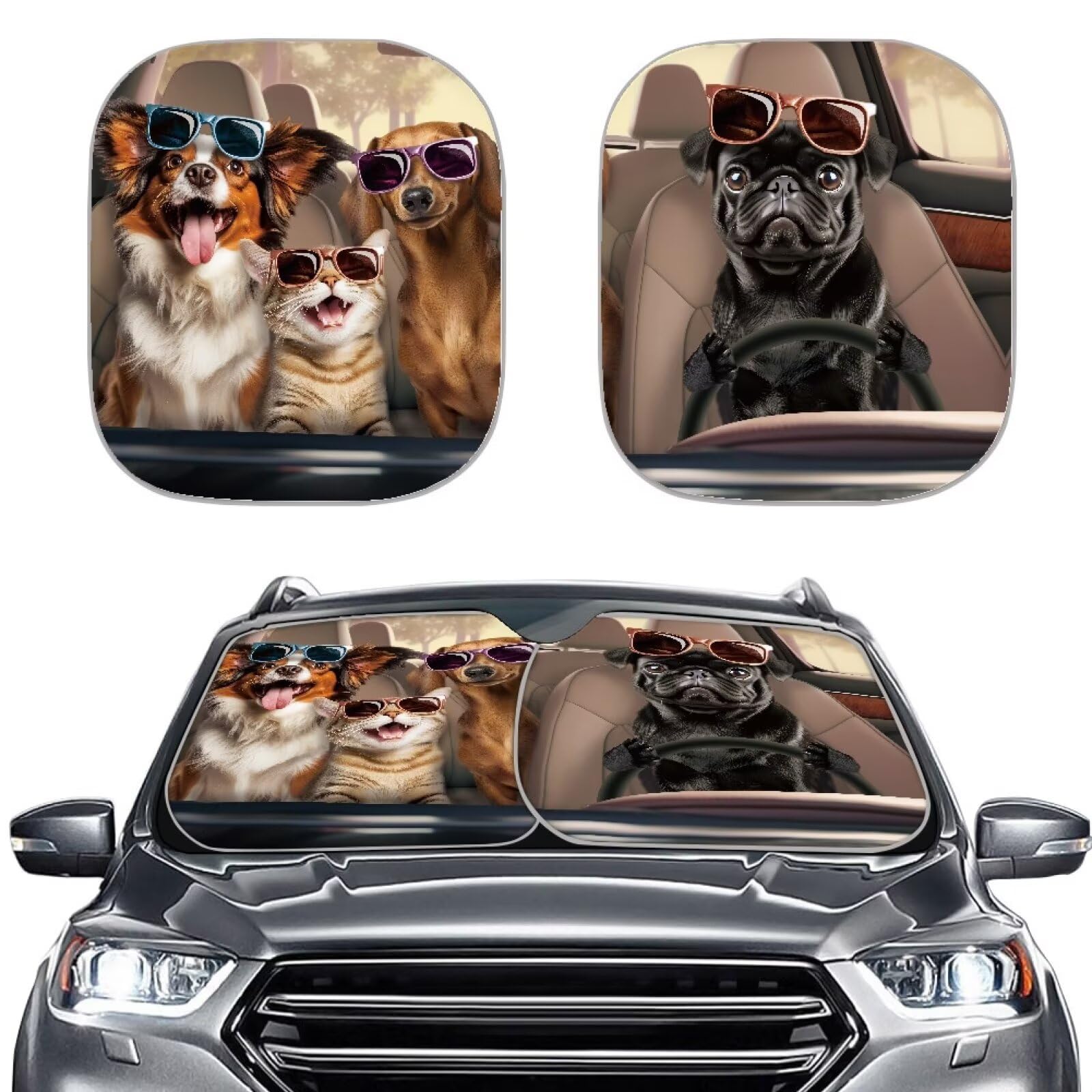 TOADDMOS Windschutzscheibe Sonnenschirme für Auto Schwarz Bulldogge Fahrer Papillon Dachshund Hund Katze Reflektierende Auto Displayschutzfolie für UV-Strahlen und Sonne Hitzeschutz, Set von 2 von TOADDMOS