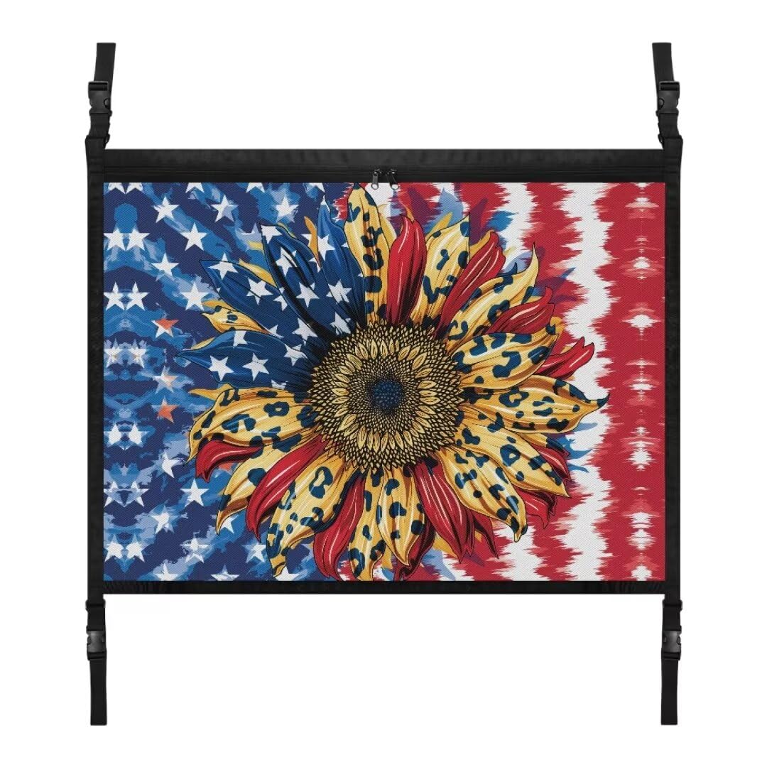 TOADDMOS amerikanische Flagge Frachtnetz für Auto Decke Sonnenblume Leopard Print SUV Frachtnetz 31.69"x24.02" Auto Netztasche, Auto Camping Zubehör von TOADDMOS