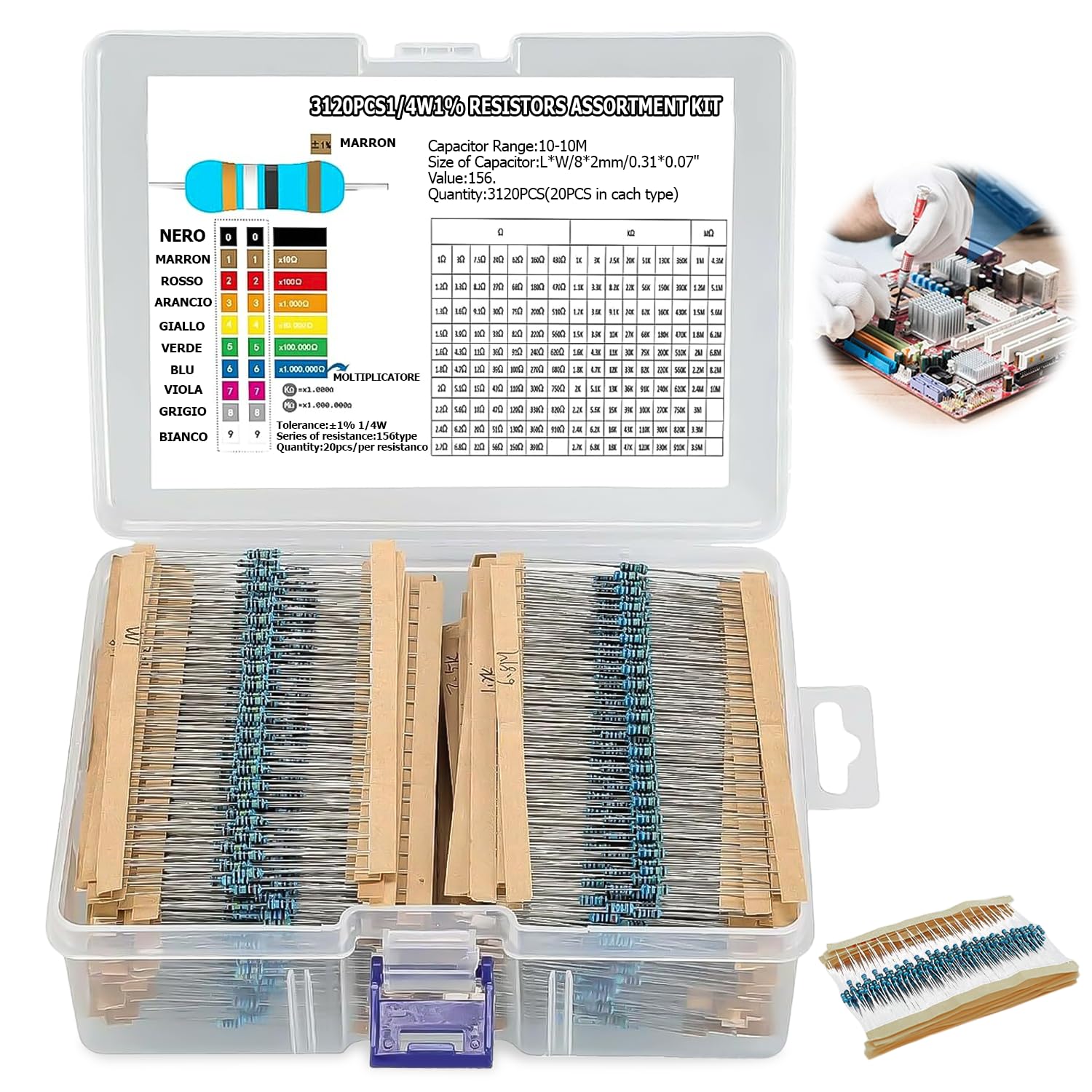 TOATELU Widerstand Sortiment Kit: 156 Werte 3120 StüCk Metallfilm Widerstand Komponenten Sortiment 1 Ohm - 10M Ohm 1/4W, Metallfilm Wiederständer Wiederstand für DIY-Projekte und Experimente von TOATELU