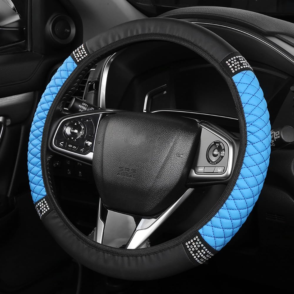 TOEECY Auto Lenkradbezug Leder Crystal Bestickte Farbe Universelle Passform 38cm Lenkradhüllen Mit Diamanten Steering Wheel Cover Lenkrad Autozubehör Innenraum Blau von TOEECY