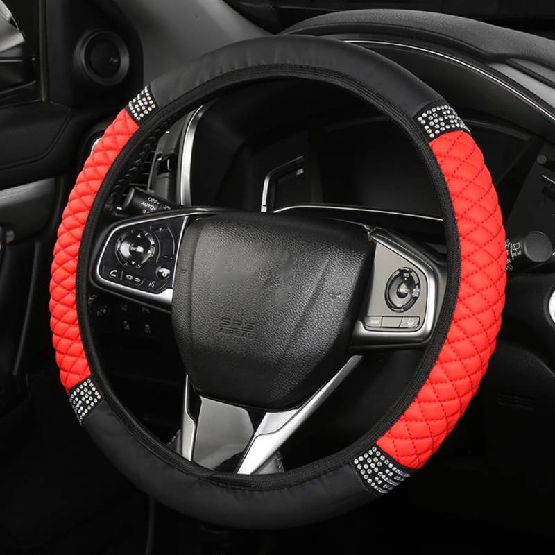 TOEECY Auto Lenkradbezug Leder Crystal Bestickte Farbe Universelle Passform 38cm Lenkradhüllen Mit Diamanten Steering Wheel Cover Lenkrad Autozubehör Innenraum Rot von TOEECY