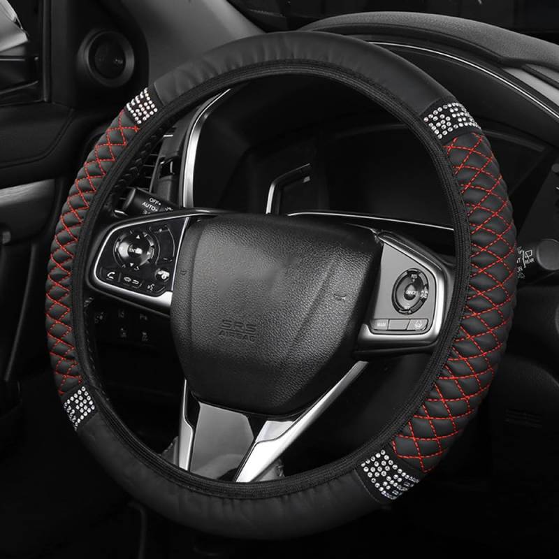 TOEECY Auto Lenkradbezug Leder Crystal Bestickte Farbe Universelle Passform 38cm Lenkradhüllen Mit Diamanten Steering Wheel Cover Lenkrad Autozubehör Innenraum SchwarzRot von TOEECY