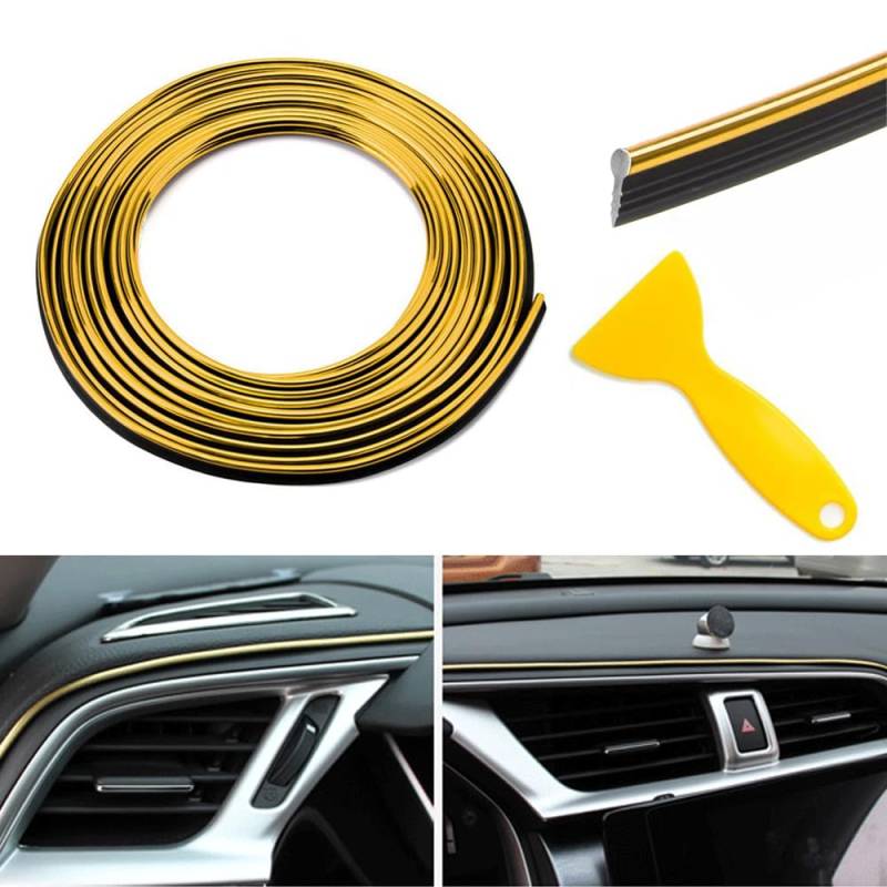 TOEECY Auto Zierleisten Innen 10M Auto Deko Innenraum Trim mit Installation Tool Lüftungsschlitz Dekoration DIY Flexible Strip Auto Zubehör Innenraum Deko Gold von TOEECY