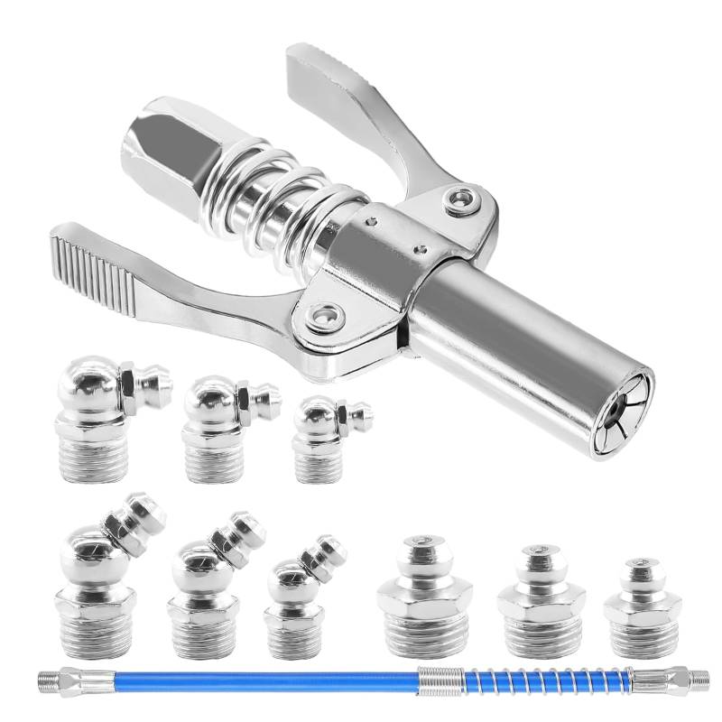 TOKSEO Fettpresse Mundstück, 10000 PSI Doppelgriff G Coupler für Fettpresse Kupplung mit 40cm Fettpresse Schlauch, 9 Schmiernippel M6,M8,M10 für Alle Arten Von Fettpressen von TOKSEO