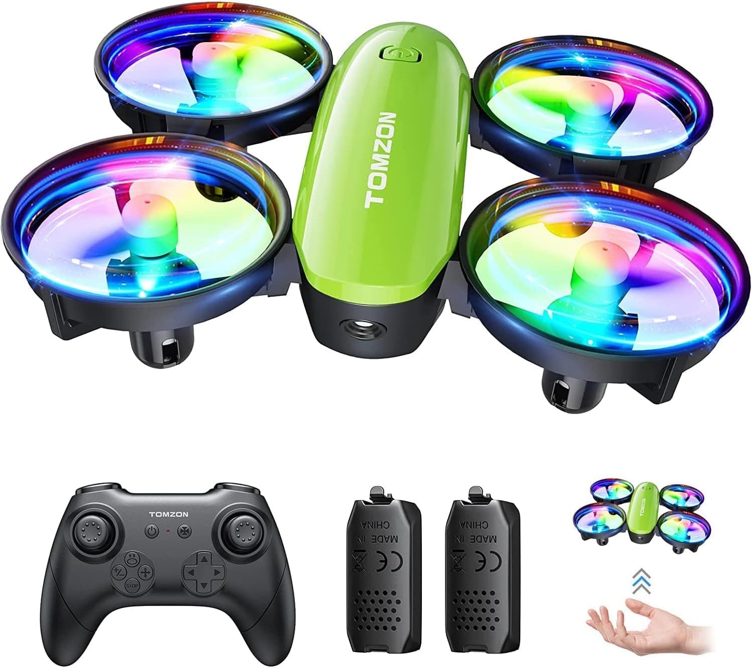 Mini Drohne für Kinder Anfänger, TOMZON RC Quadrocopter mit LED Lichter, Helikopter Flugzeug ferngesteuert, Lange Flugzeit, 360° Propellerschutz, Werfen Go/3D Flip/Rotation/Kreisen, Indoor Drone, Grün von TOMZON