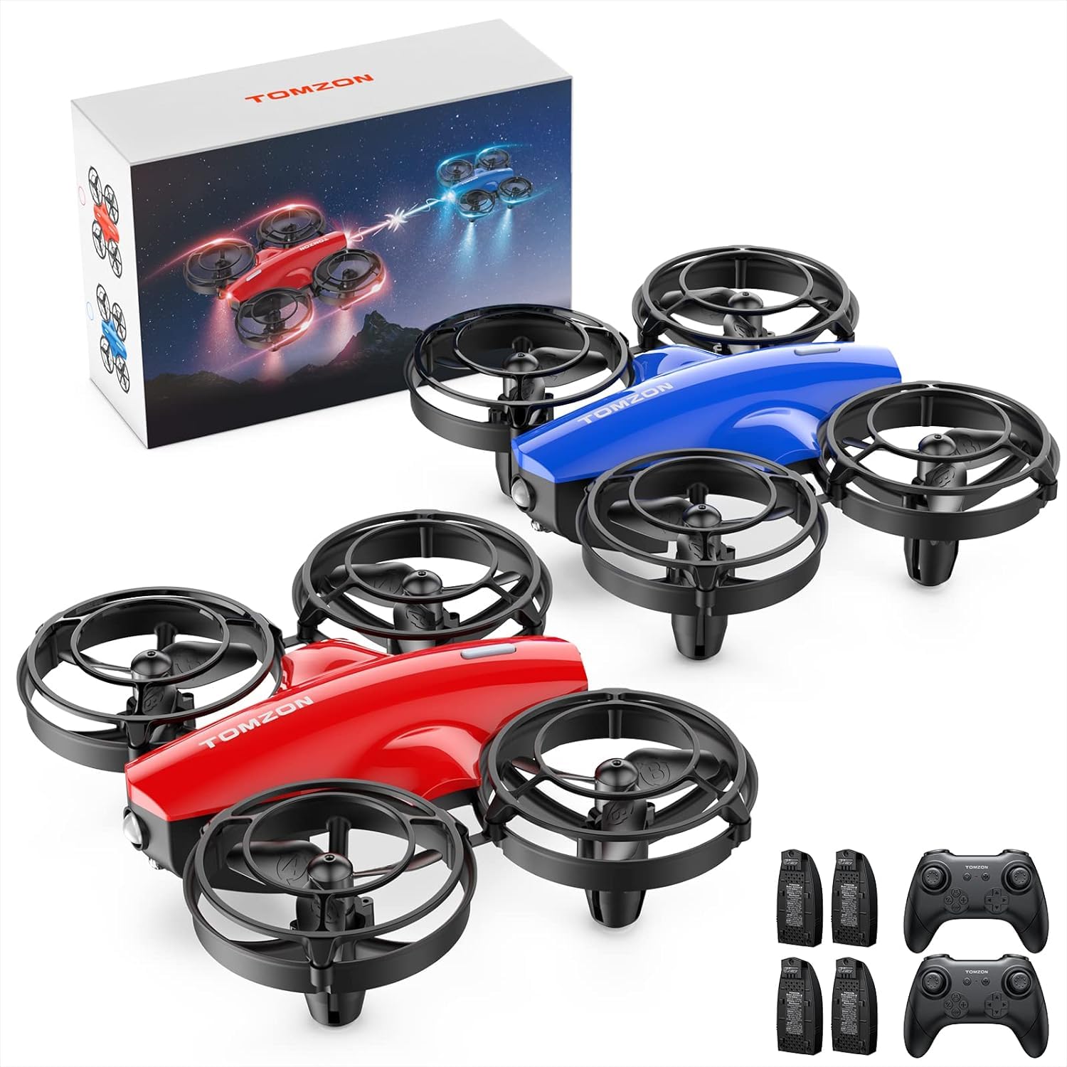 TOMZON 2er-Pack A24 Mini Drohne für Kinder mit Kampfmodus, Flugzeug ferngesteuert RC Quadrocopter für Anfänger, 4 Batterien, 360° Propellerschutz, Werfen Go/3D Flip/Kreisflug, mini drone, Blau und Rot von TOMZON