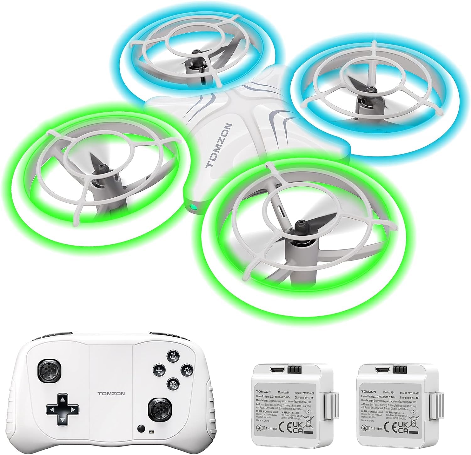 TOMZON Mini Drohne für Kinder, Blauen und Grünen LED Lichter, RC Quadcopter mit 2 Akkus, Kopflos Modus, Werfen Go/3D-Flip/Rotation/Kreisflug für Anfänger Kids von TOMZON