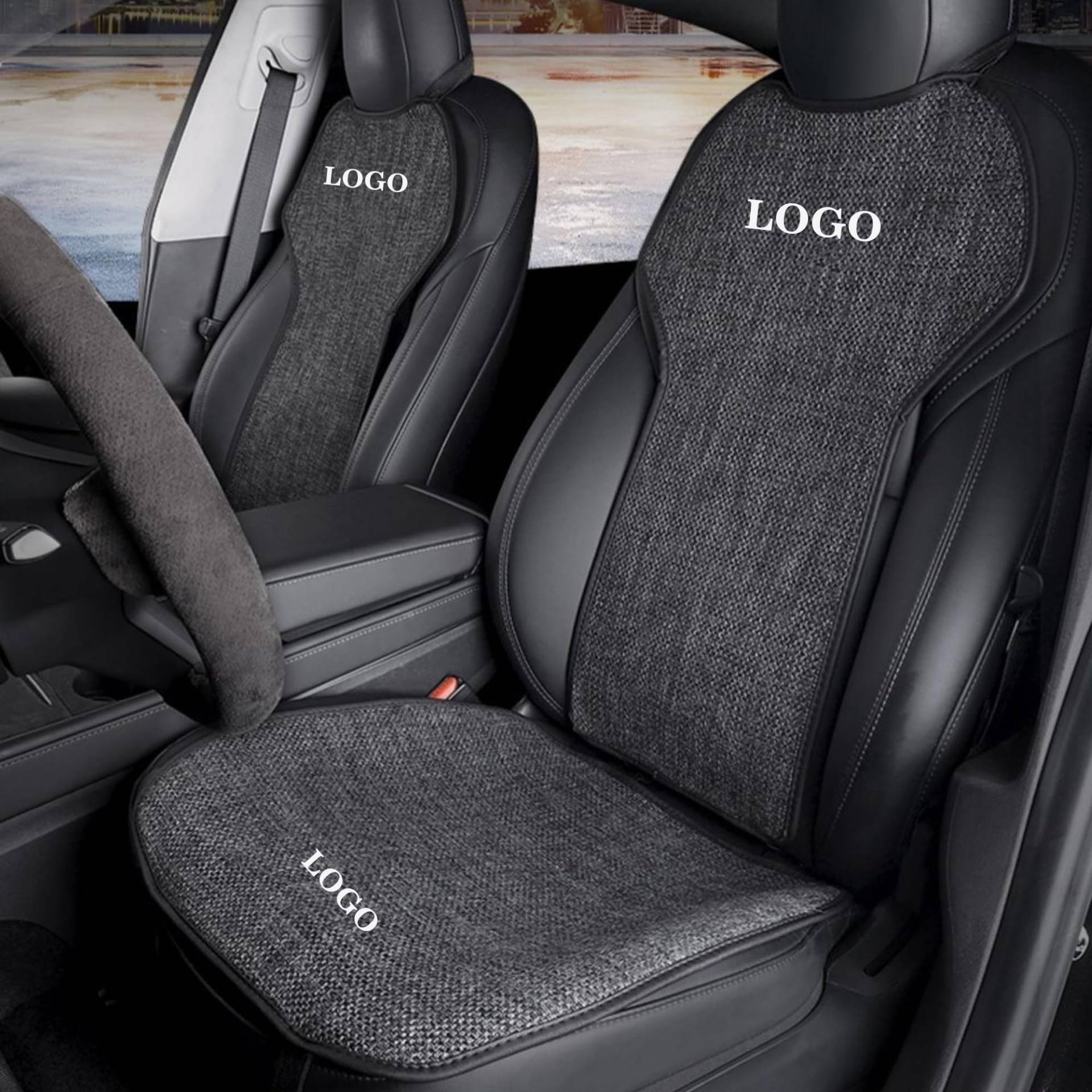 TOPABYTE Sitzbezüge für Tesla Model Y 2025 2019-2024 Vordersitze & Rückbank Schonbezüge Schutz Rücksitz Autositz Atmungsaktiv Kissen rutschfest Car Seat Covers, Leinengrau (Mit Logo) von TOPABYTE