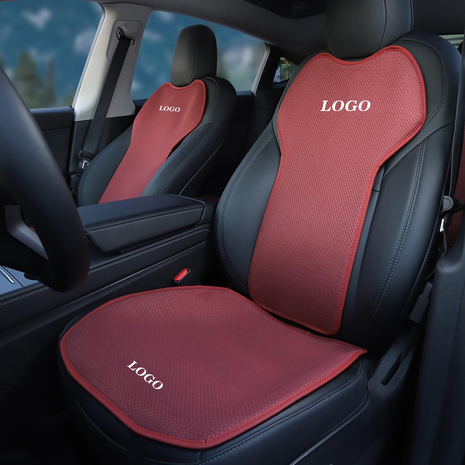 TOPABYTE Auto atmungsaktiver Sitzbezug Komplettset für Tesla Model 3 2017-2024 Vier Jahreszeiten Universelle Eisseidenschutzpolstermatte Vorder- und Rücksitzkissen, Rot (Mit Logo) von TOPABYTE