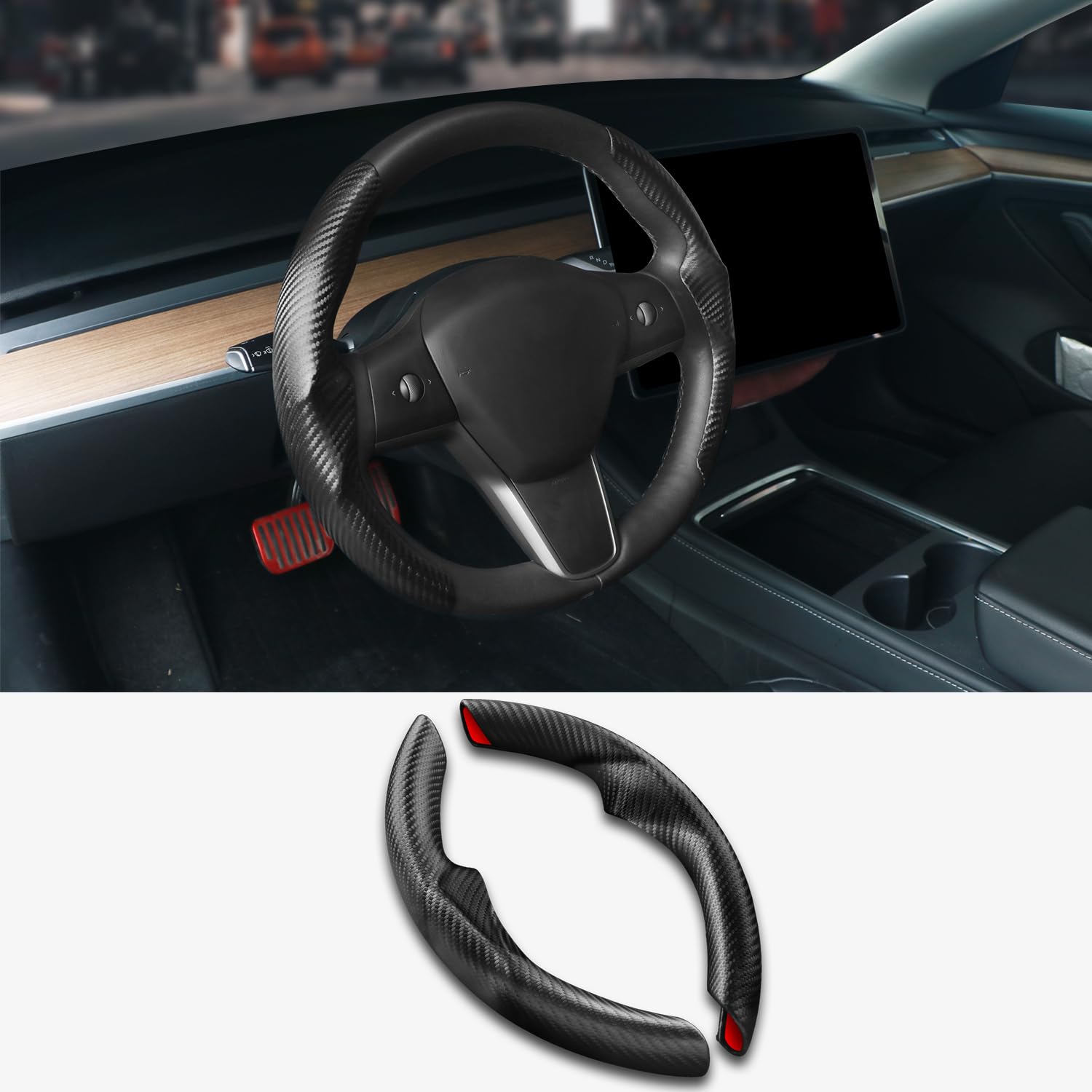 TOPABYTE Lenkradabdeckung für Tesla Model Y 2020-2024 & Model 3 2017-2023 Zubehör Car Steering Wheel Cover Protector Antip (Black Carbon Faser) von TOPABYTE