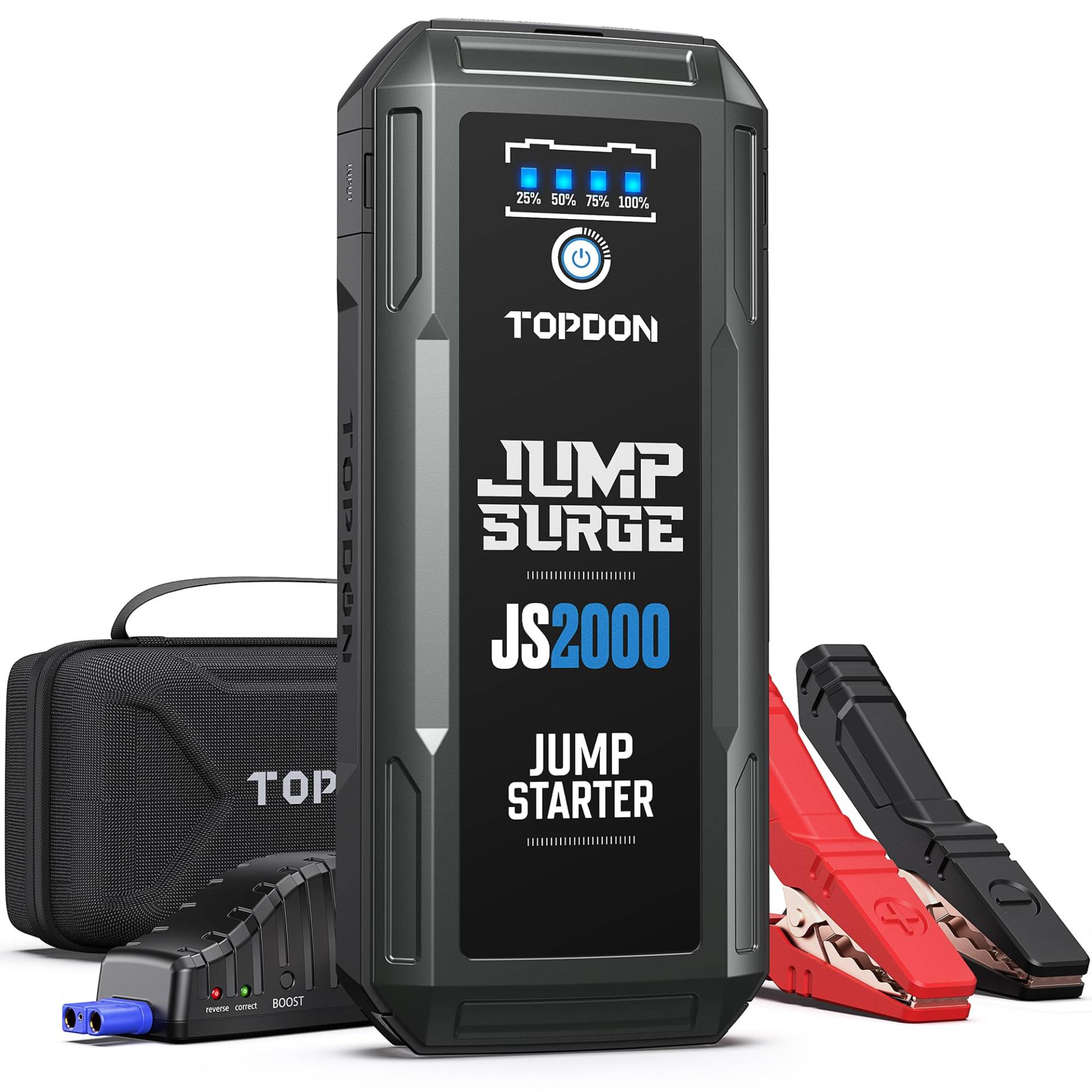 TOPDON Starthilfe Powerbank, JS2000 Starterbatterie 2000A Auto Booster Power Pack für bis zu 8L Benzin&6L Dieselmotoren, Kfz Jump Starter mit Starthilfekabel/Eva Tasche/Eingebaute LED, 16000mAh von TOPDON