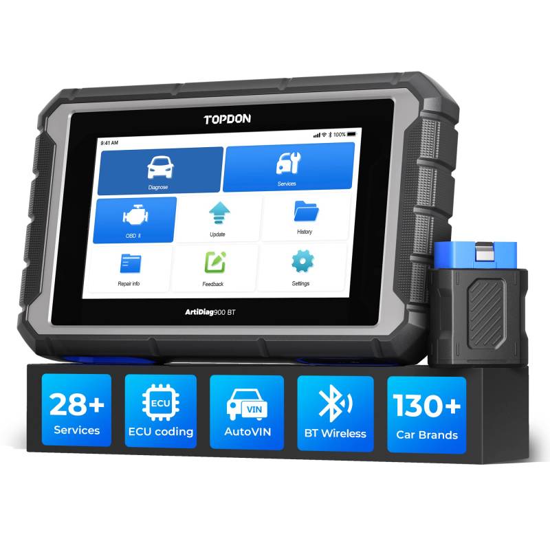 TOPDON AD900BT OBD2 Diagnosegerät, 28+ Services, Bidirektionales Diagnosewerkzeug mit 2 Jahres Updates, Activer Tests, ECU-Codierung, Alle Systeme, FCA Gateway Bypass von TOPDON