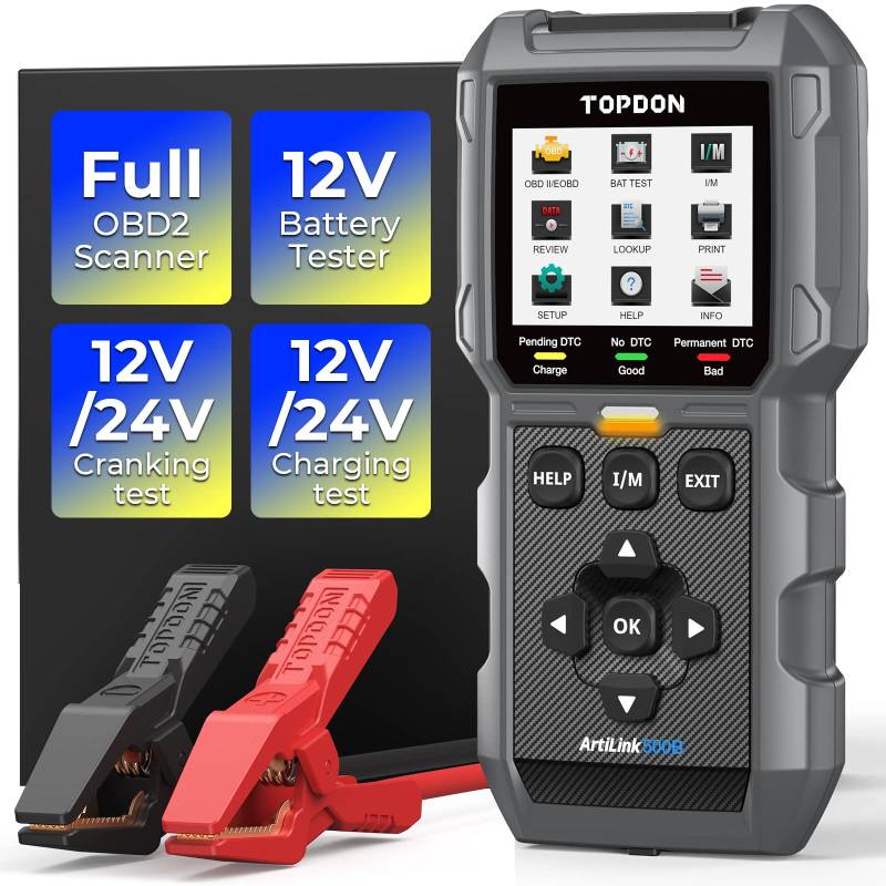 Topdon AL500B OBD2-Diagnosegerät mit vollständigen OBD2-Funktionen und Batterietester, 12-V-Batterietests, 12-V-/24-V-Anlasser- und Ladetests, kostenloses Software-Update von TOPDON