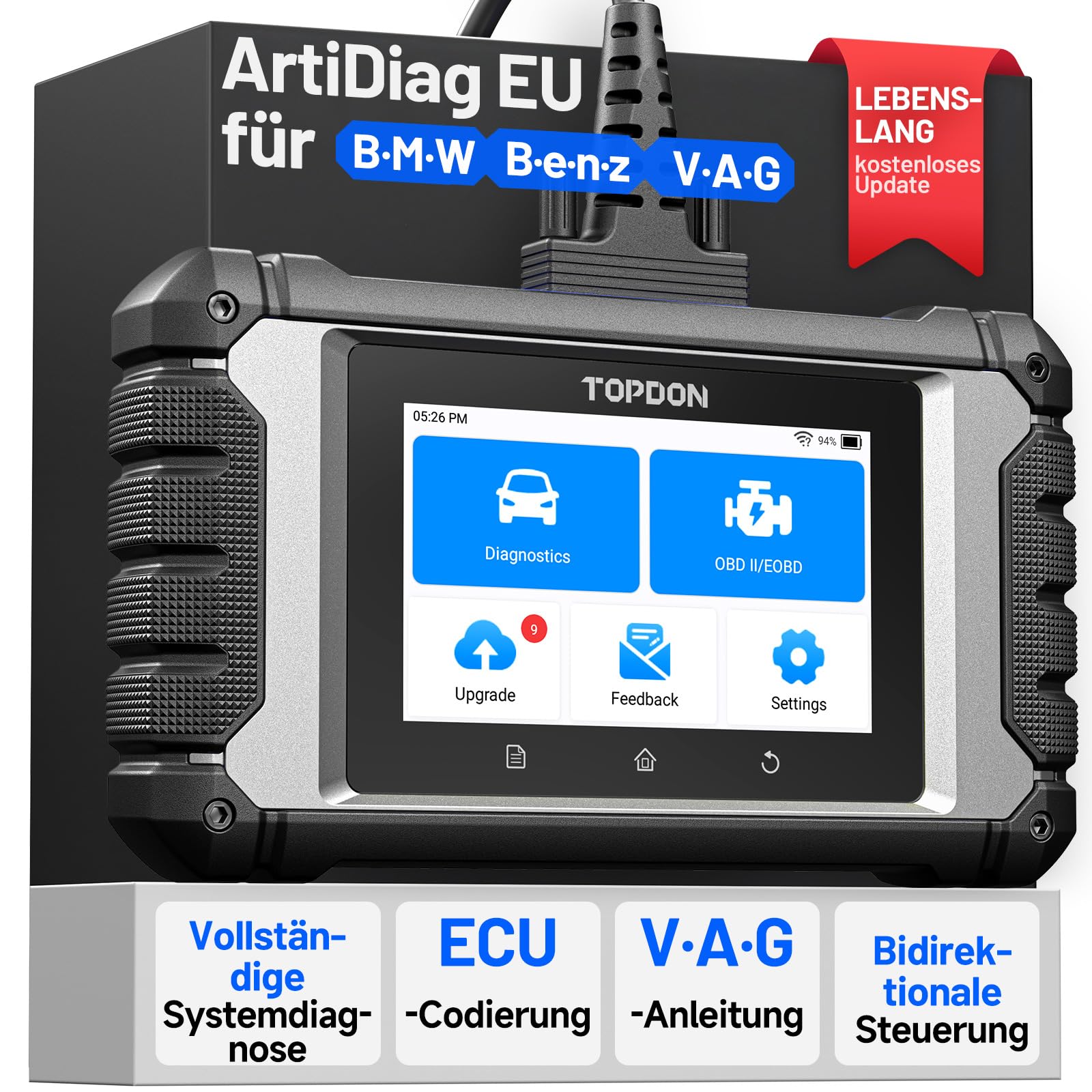 TOPDON ArtiDiag EU Mehrmarken-Diagnosegerät, Vollsystem-Diagnose für BMW/Benz/VAG, bidirektionaler Steuerungsscanner, ECU-Online-Codierung, alle Wartungsdienste, lebenslange kostenlose Updates von TOPDON