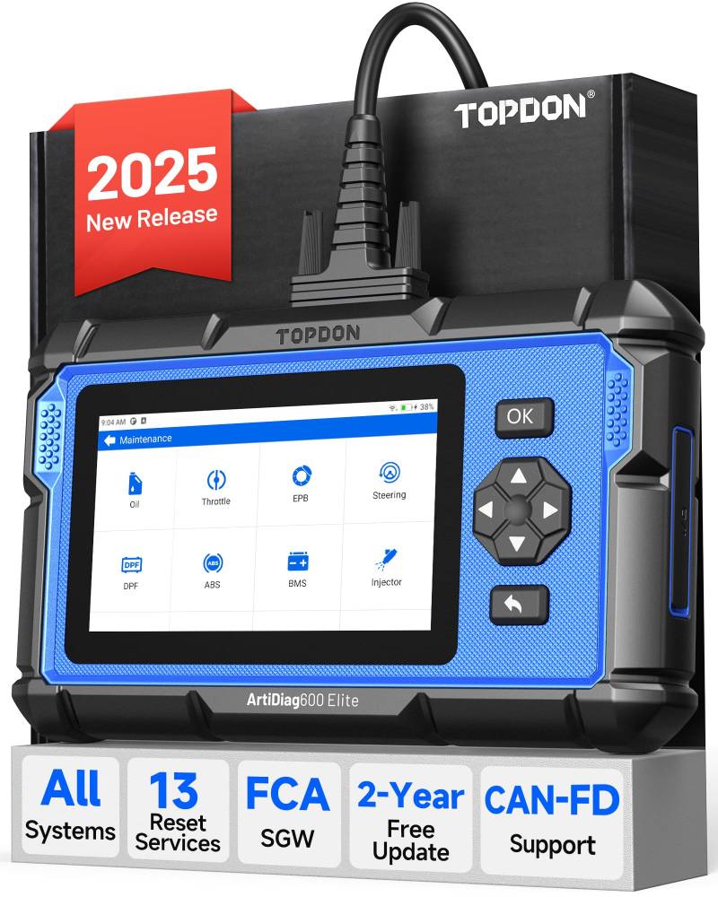 TOPDON ArtiDiag600 Elite OBD2 diagnosegerät, 2025 Vollständiges diagnosegerät Auto mit 13 Servicefunktionen, FCA AutoAuth, CAN-FD, 2 Jahre kostenlose Updates von TOPDON