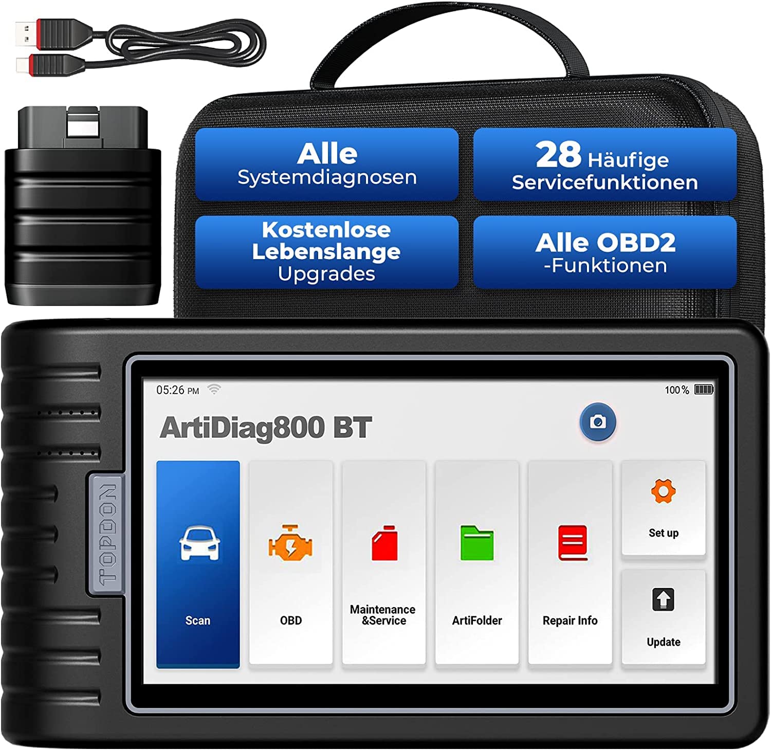 TOPDON ArtiDiag800BT OBD2 Diagnosegerät mit Alle Systemdiagnosen &28 Servicefunktionen, Auto Diagnosegerät mit Bluetooth, Free Software-Upgrade Diagnosescanner deutsch von TOPDON