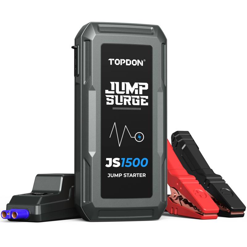 TOPDON Auto Starthilfe Powerbank, JS1500 Starterbatterie 1500A 12 V Booster Auto-Starthilfe (bis zu 6,5 l Benzin oder 4 l Diesel), mit Intelligenten Klemmkabeln, USB-Schnellladung LED von TOPDON