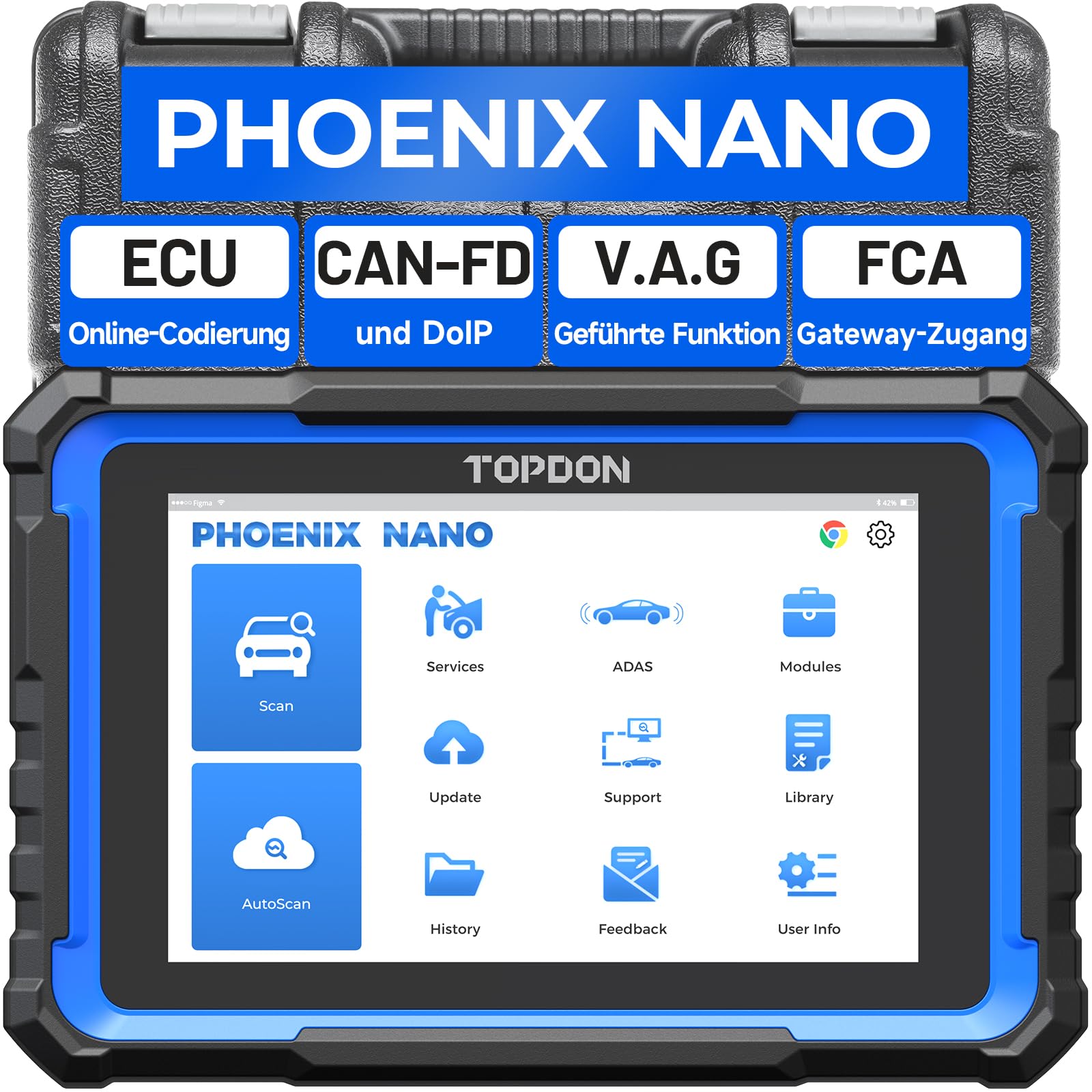 TOPDON Diagnosegerät Auto Phoenix Nano, OBD2 DiagnosegeräT für Alle Fahrzeuge, Steuergerätecodierung, Alle Systemdiagnosen, Bidirektionale Steuerung, 32+ Reset Services, CAN FD & DoIP von TOPDON