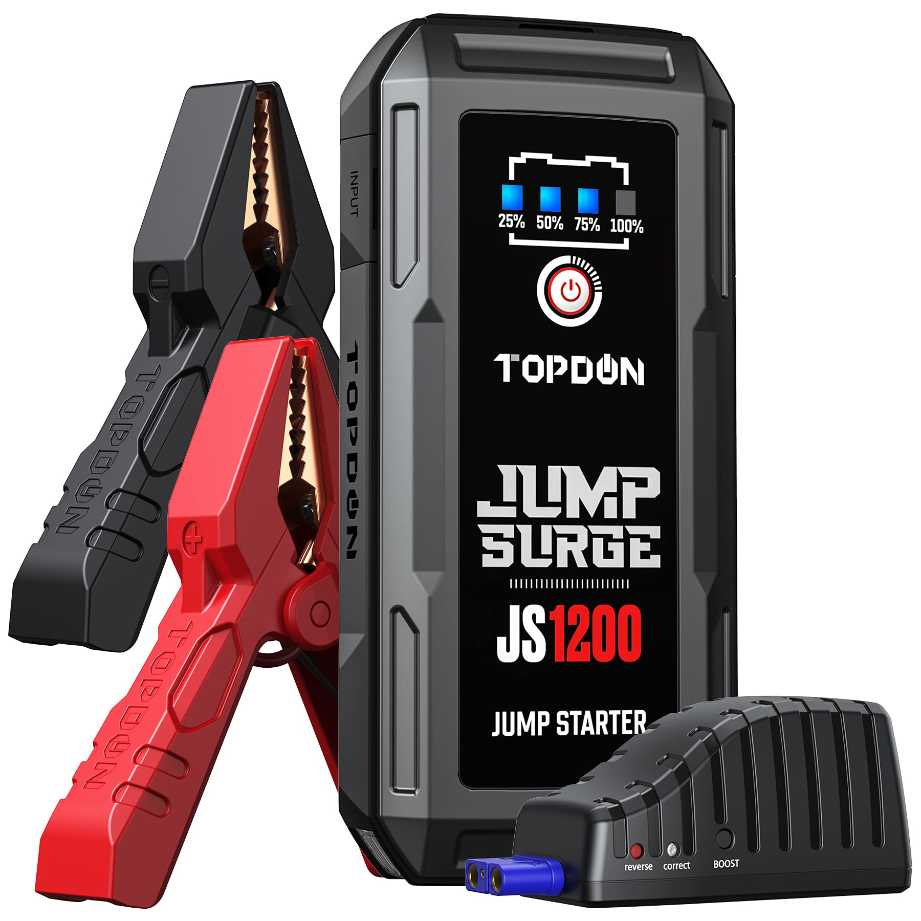 TOPDON JS1500 Starthilfe für Autobatterie, 1500 A/10000 mAh, Jump Starter für Dieselmotoren bis zu 8 l und 6 l, Starthilfekabel, Schnellladung USB und integrierte LED-Taschenlampe von TOPDON