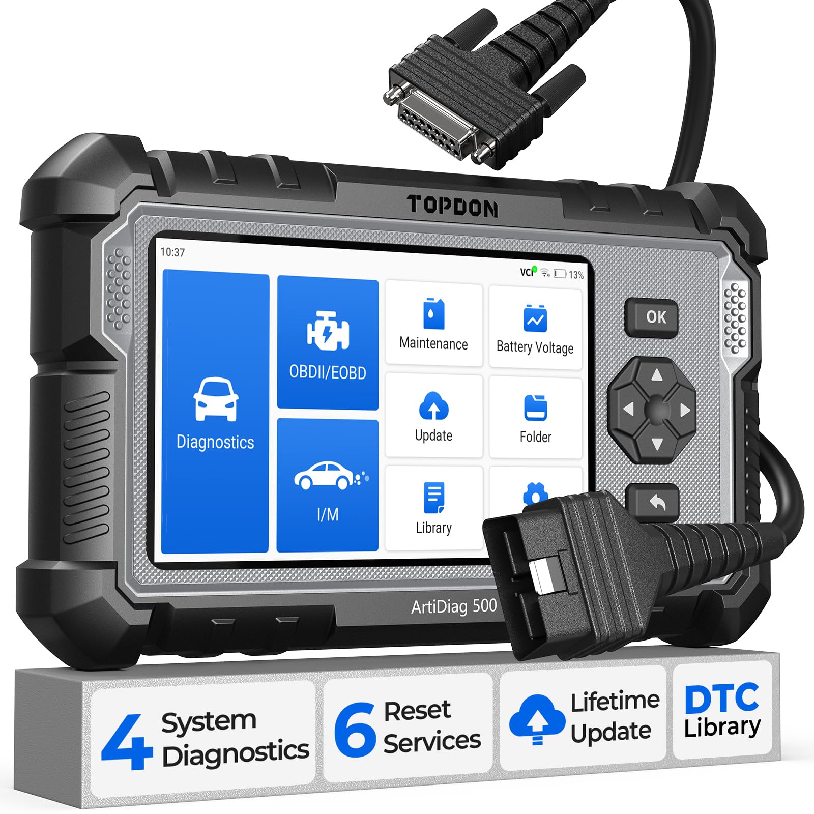 TOPDON OBD2 diagnosegerät Auto AD500, 4 Systemdiagnosen für ABS SRS Motor und Getriebe, 6 Servicefunktionen für Öl, BMS, SAS, DPF, TPMS und Drosselklappe regulieren, kostenlosem Lifetime-Upgrade von TOPDON