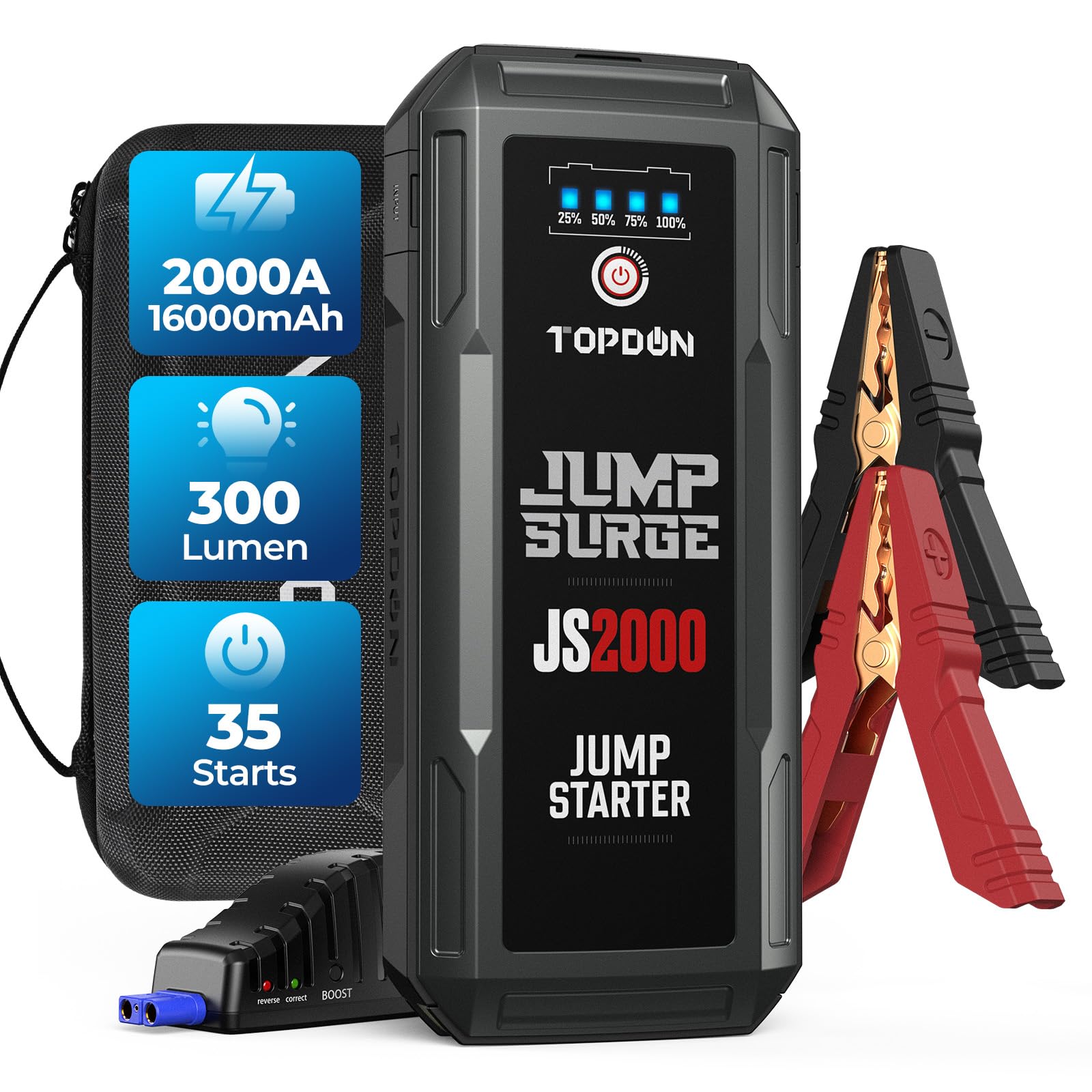 TOPDON Starthilfe Powerbank, JS2000 Starterbatterie 2000A Auto Booster Power Pack für bis zu 8L Benzin&6L Dieselmotoren, Kfz Jump Starter mit Starthilfekabel/Eva Tasche/Eingebaute LED, 16000mAh von TOPDON