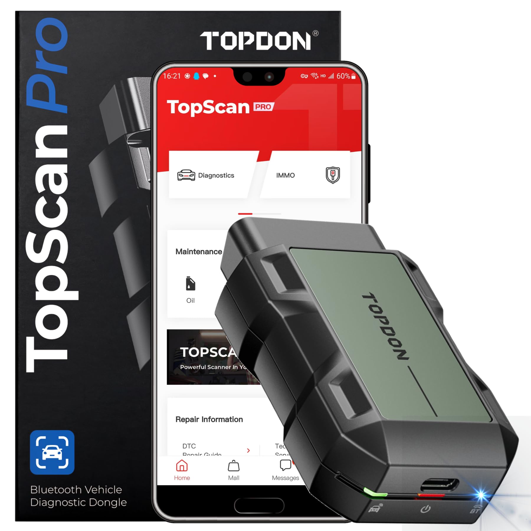 TOPDON TopScan Pro, kabelloser OBD2-Scanner Bluetooth für iOS und Android, Diagnose-Scan-Tool für alle Systeme fürs Auto, Codeleser mit 13+ Reset-Service, 2025 aktualisierte Version von Topscan Lite von TOPDON