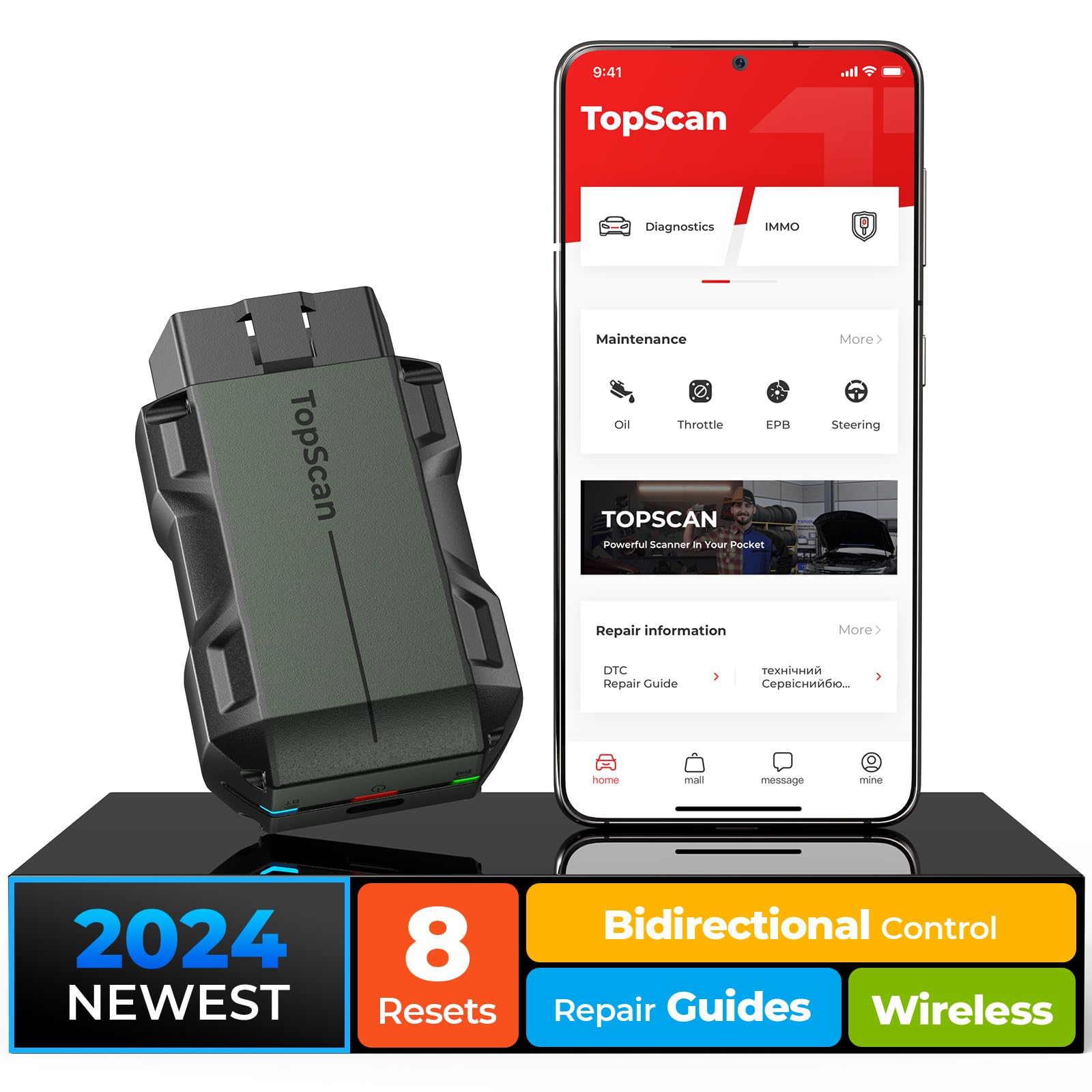 TOPDON Topscan OBD2 Diagnosegerät, Bluetooth OBDII Diagnosewerkzeug für All System, Bidirektionale Kontrolle/Aktive Test, Fahrzeugleistungstest für iPhone & Android All Software 1 Jahr Gratis von TOPDON