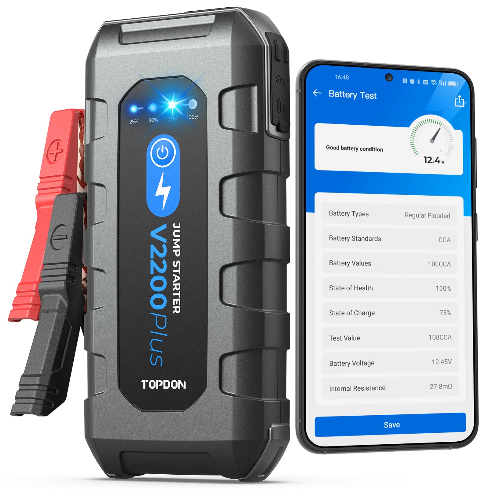 TOPDON V2200 Plus Starthilfe Powerbank & Batterietester 2-in-1 2200A Booster Jump Starter für bis zu 8L Gas/6L Diesel Motoren 12V Autobatterie Starthilfe von TOPDON